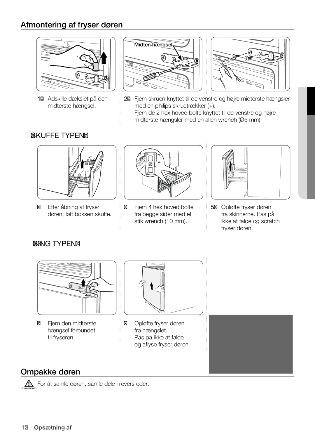 Samsung RF62HEPN1/XEE manual Afmontering af fryser døren, Ompakke døren, For at samle døren, samle dele i revers oder 