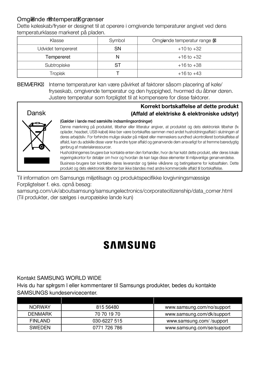 Samsung RF62HEPN1/XEE, RF62QEPN1/XEE manual Omgivende rumtemperatur grænser 