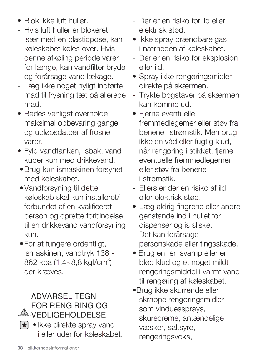 Samsung RF62HEPN1/XEE, RF62QEPN1/XEE manual Forsigtighed Vedligeholdelse 