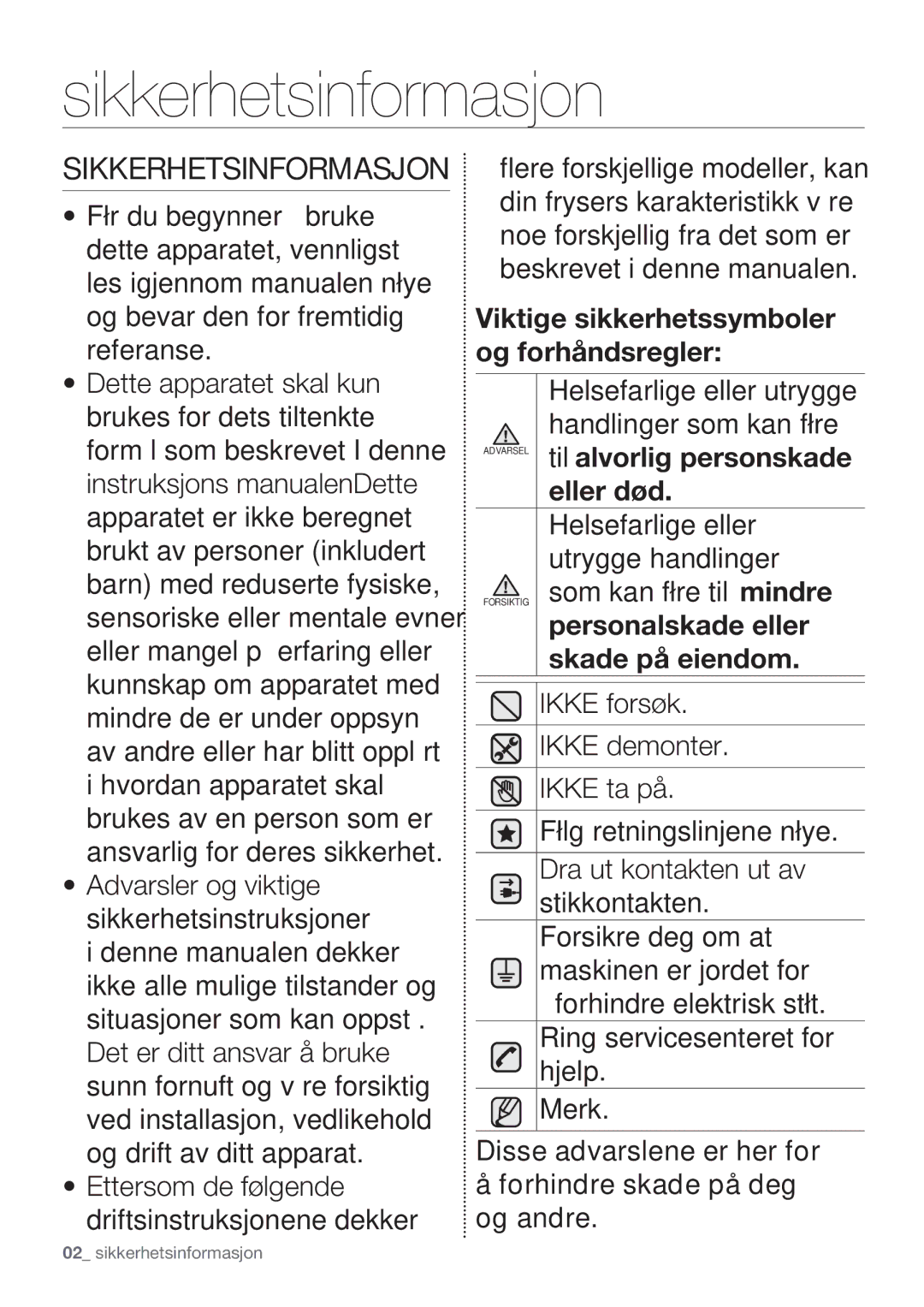 Samsung RF62HEPN1/XEE, RF62QEPN1/XEE manual Sikkerhetsinformasjon 