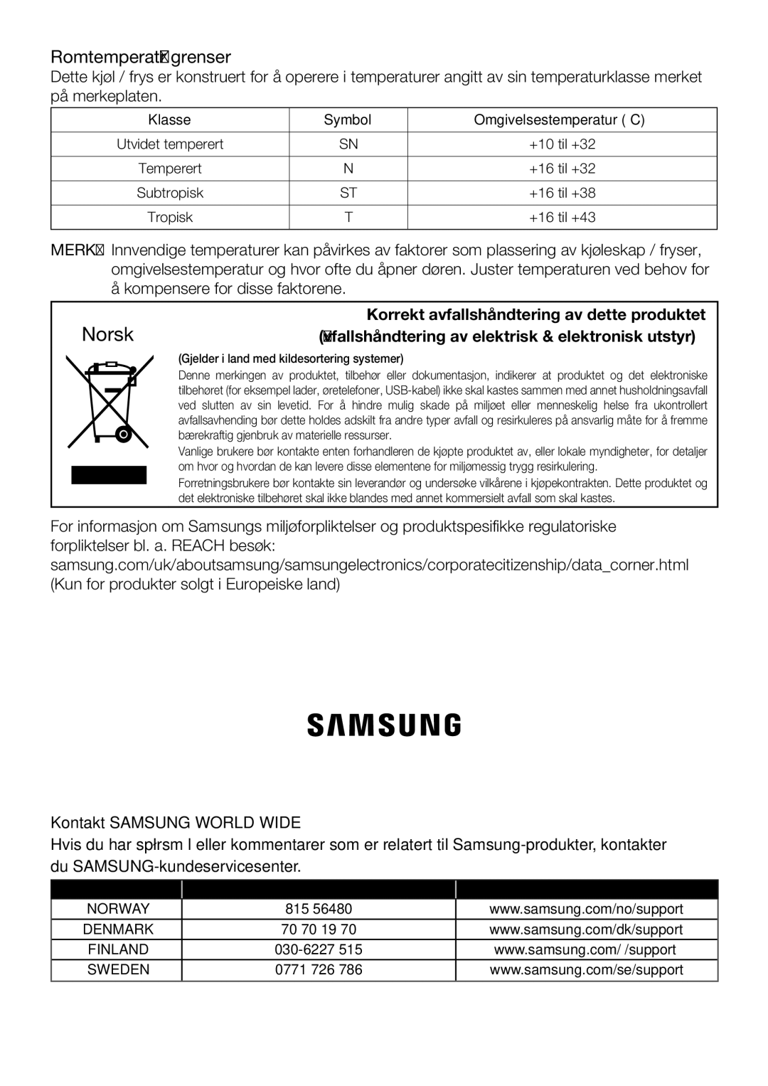 Samsung RF62HEPN1/XEE, RF62QEPN1/XEE manual Romtemperatur grenser 