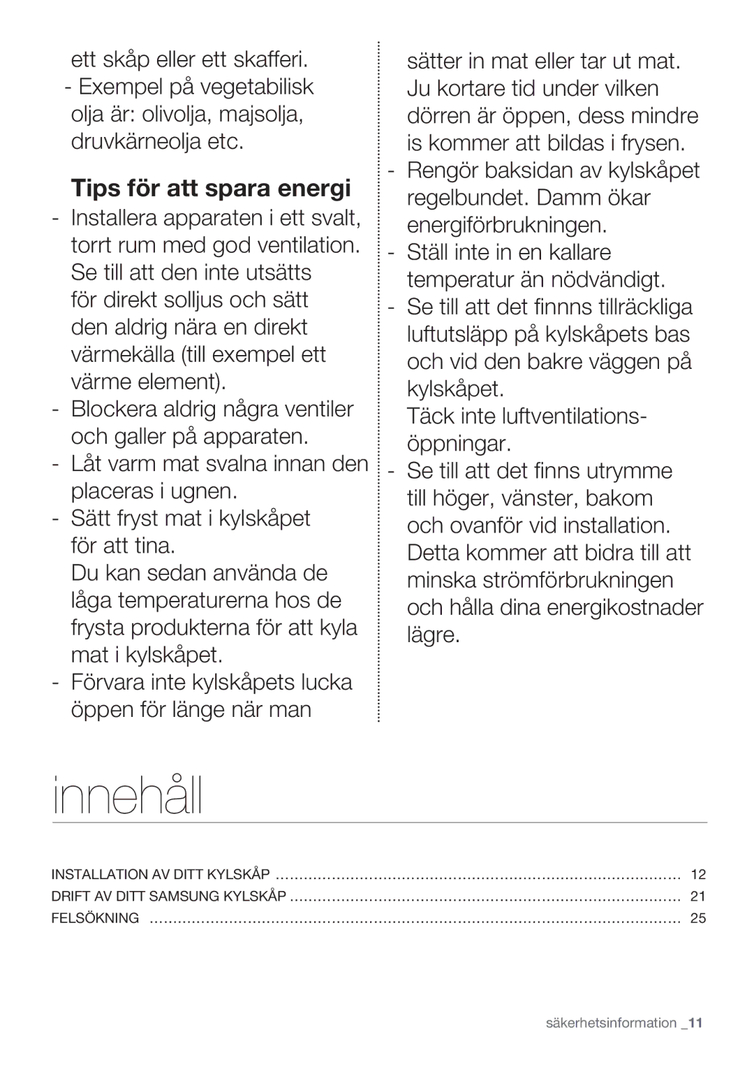 Samsung RF62QEPN1/XEE, RF62HEPN1/XEE manual Innehåll, Tips för att spara energi 