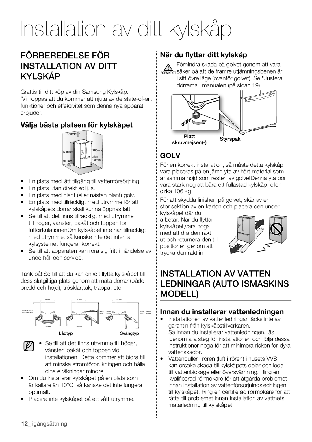 Samsung RF62HEPN1/XEE, RF62QEPN1/XEE manual Installation av ditt kylskåp, Förberedelse FÖR Installation AV Ditt Kylskåp 