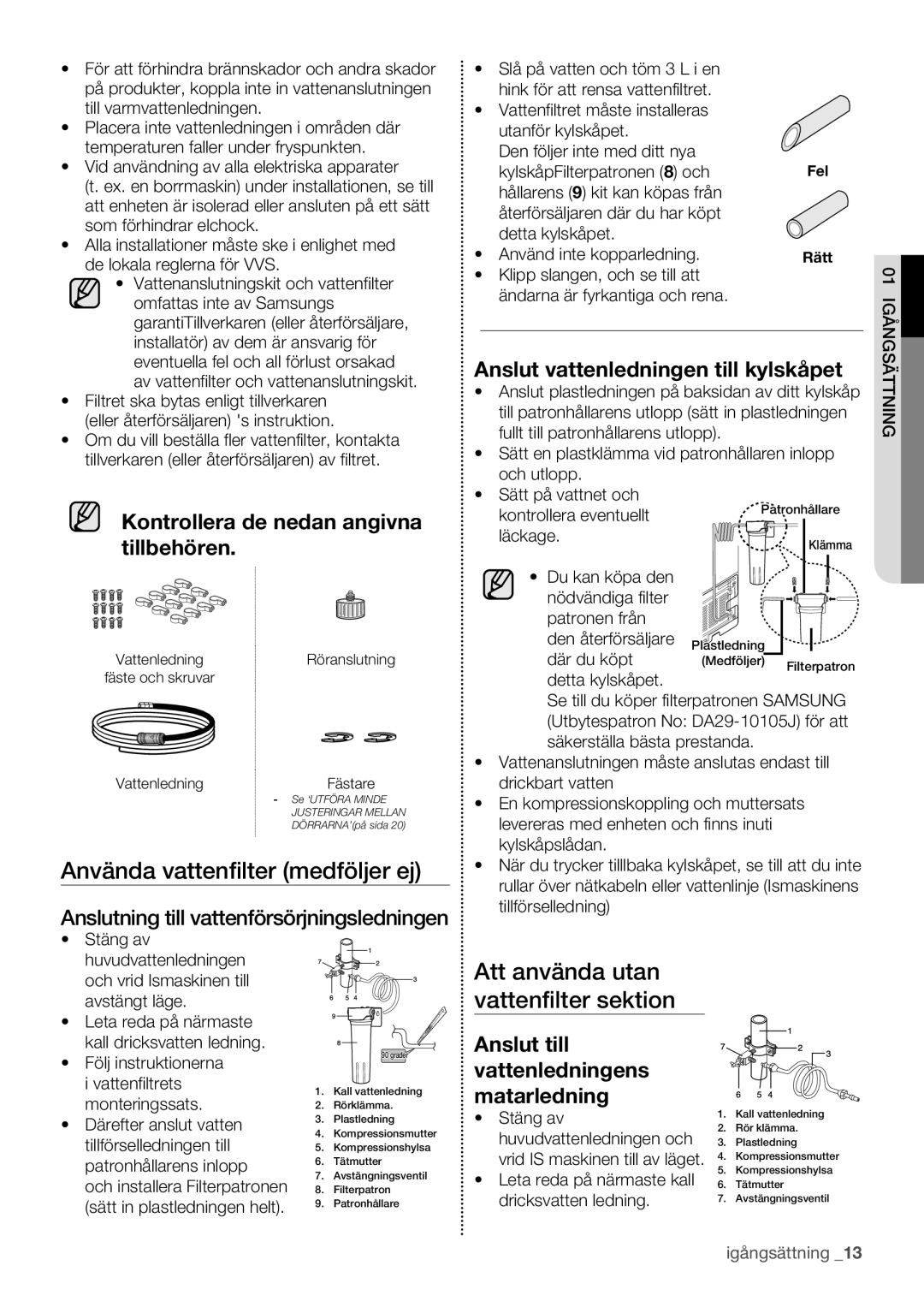 Samsung RF62QEPN1/XEE, RF62HEPN1/XEE manual Använda vattenfilter medföljer ej, Kontrollera de nedan angivna tillbehören 