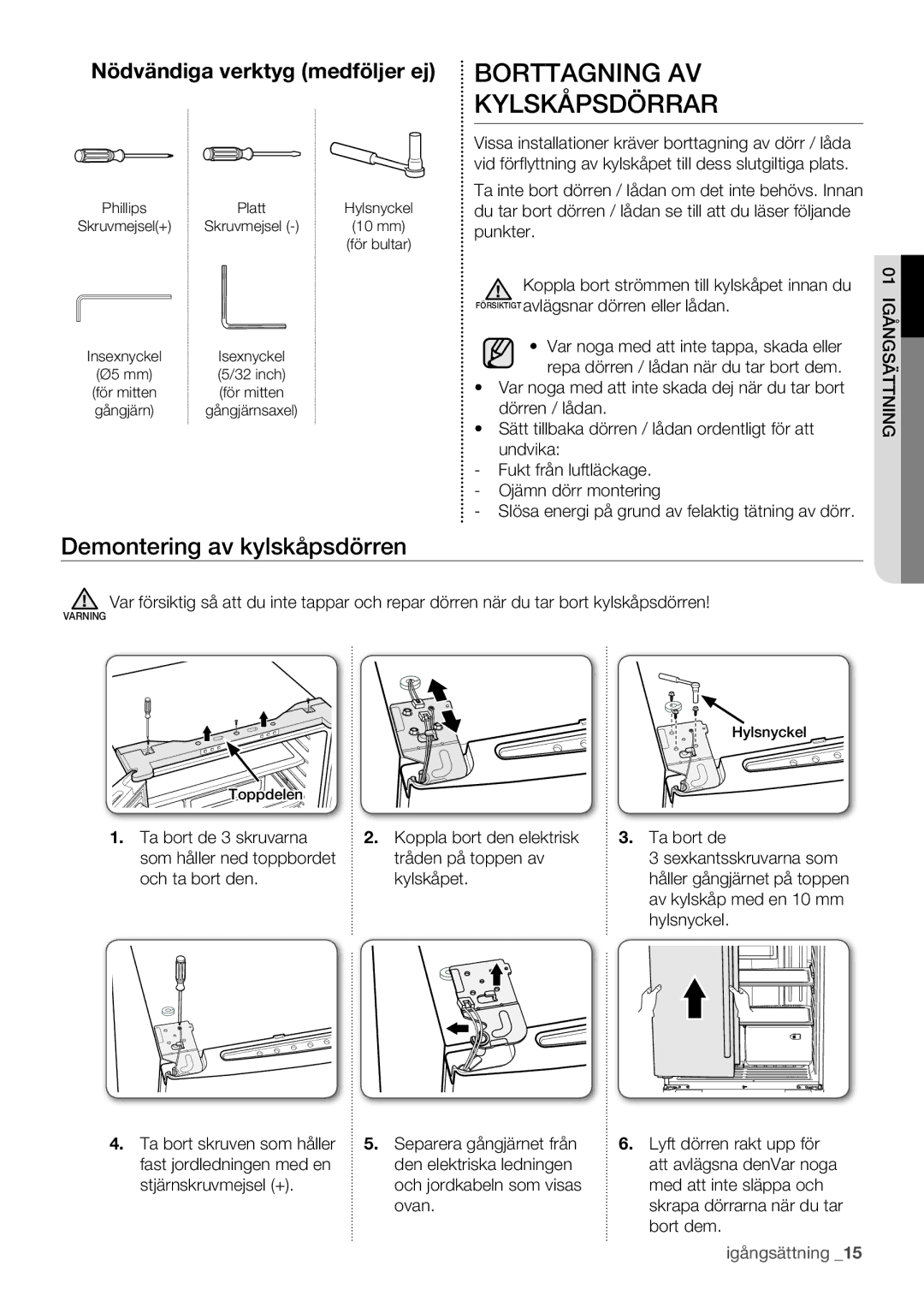 Samsung RF62QEPN1/XEE manual Borttagning AV Kylskåpsdörrar, Demontering av kylskåpsdörren, Nödvändiga verktyg medföljer ej 