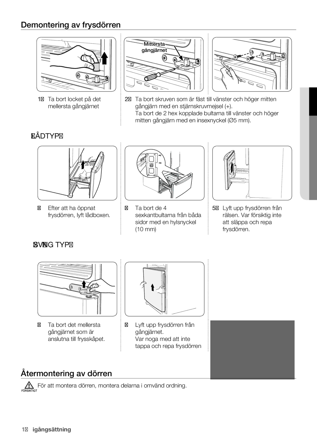 Samsung RF62HEPN1/XEE manual Demontering av frysdörren, Återmontering av dörren, Ta bort locket på det mellersta gångjärnet 