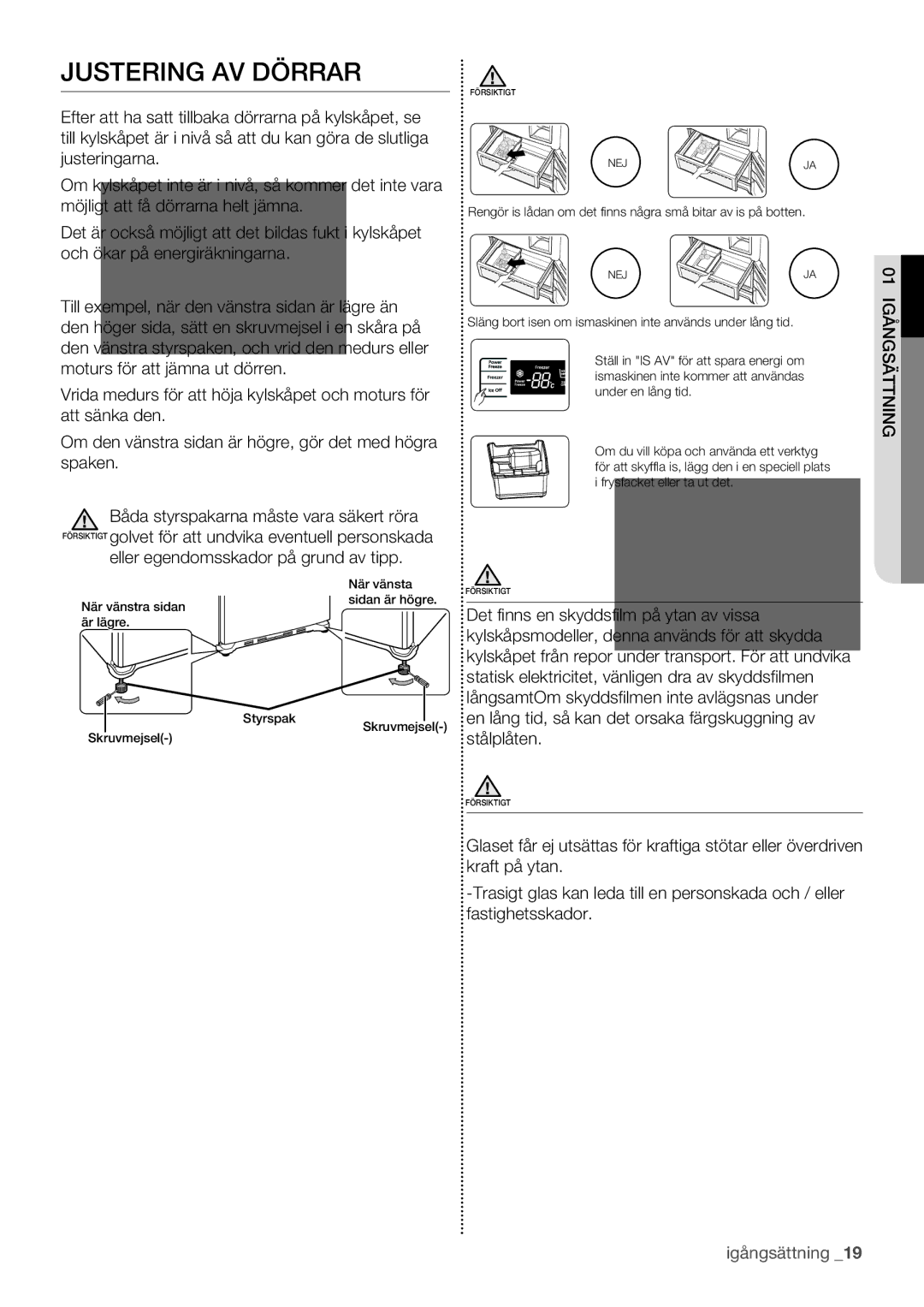 Samsung RF62QEPN1/XEE, RF62HEPN1/XEE manual Justering AV Dörrar, Eller egendomsskador på grund av tipp 