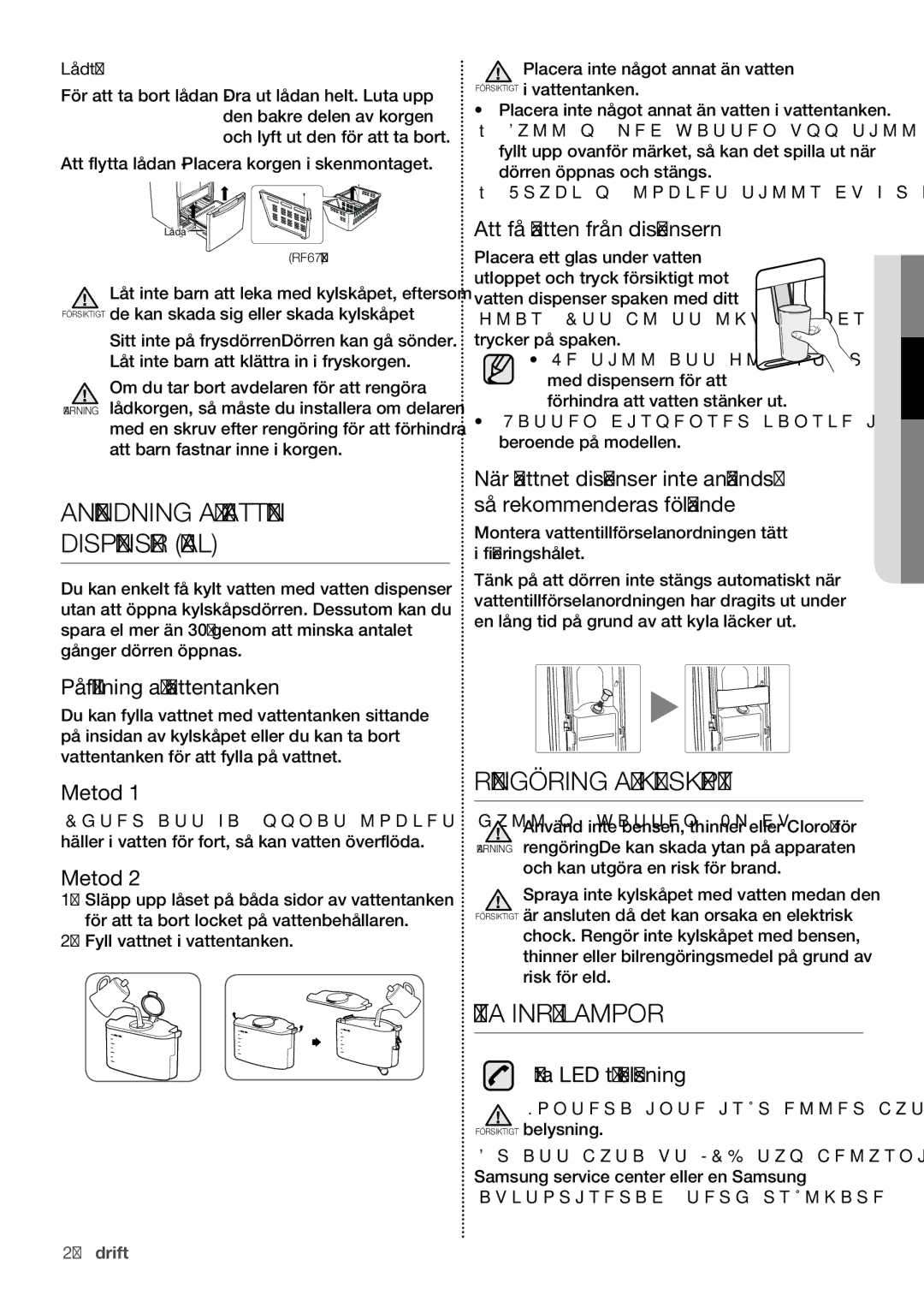 Samsung RF62HEPN1/XEE, RF62QEPN1/XEE manual Användning AV Vatten Dispenser VAL, Rengöring AV Kylskåpet, Byta Inre Lampor 