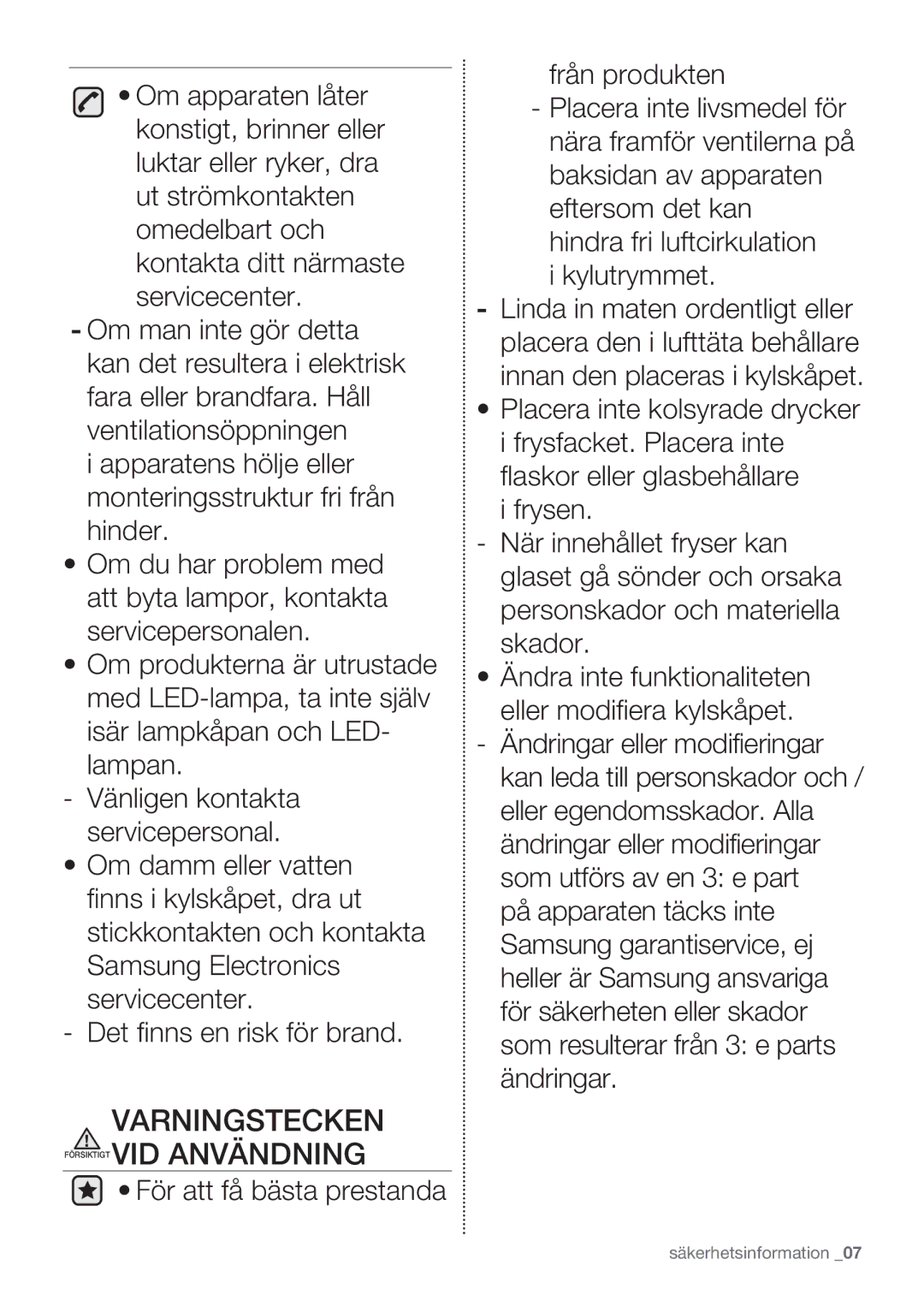 Samsung RF62QEPN1/XEE, RF62HEPN1/XEE manual Varningstecken Försiktigt VID Användning 