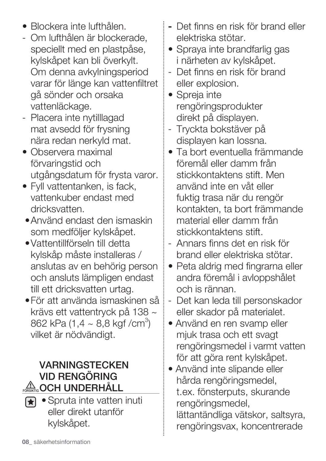 Samsung RF62HEPN1/XEE, RF62QEPN1/XEE manual Varningstecken VID Rengöring Försiktig OCH Underhåll 