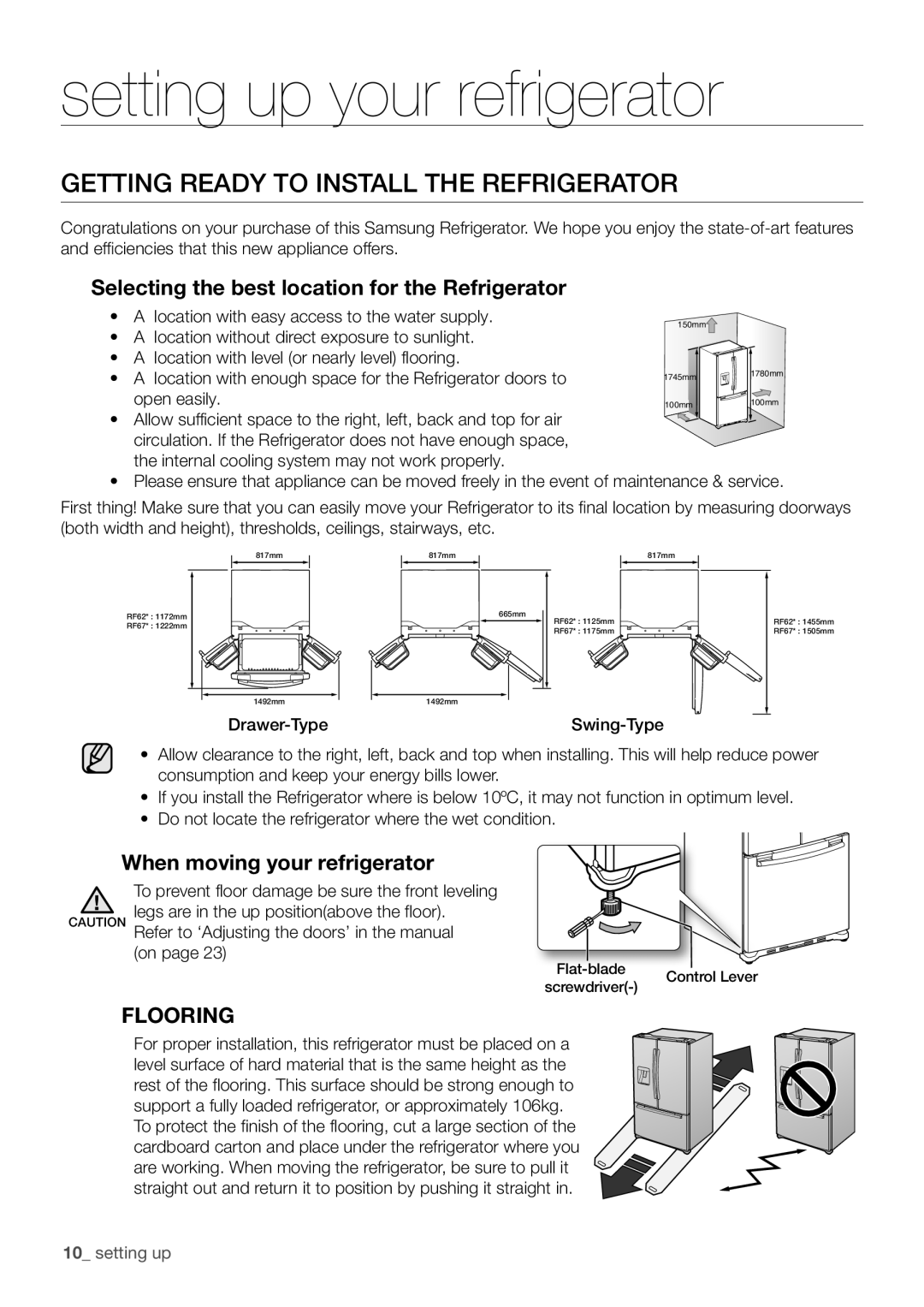 Samsung RF67DEPN1/SML manual Getting Ready to Install the Refrigerator, Selecting the best location for the Refrigerator 