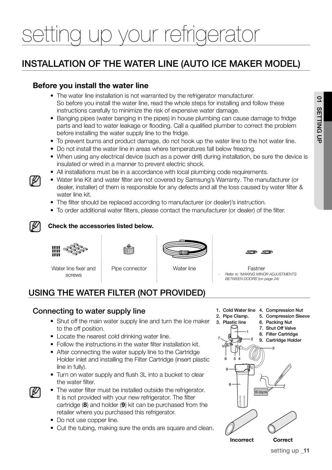 Samsung RF67DESW1/SML manual Installation of the Water Line Auto ICE Maker Model, Using the Water Filter not Provided 