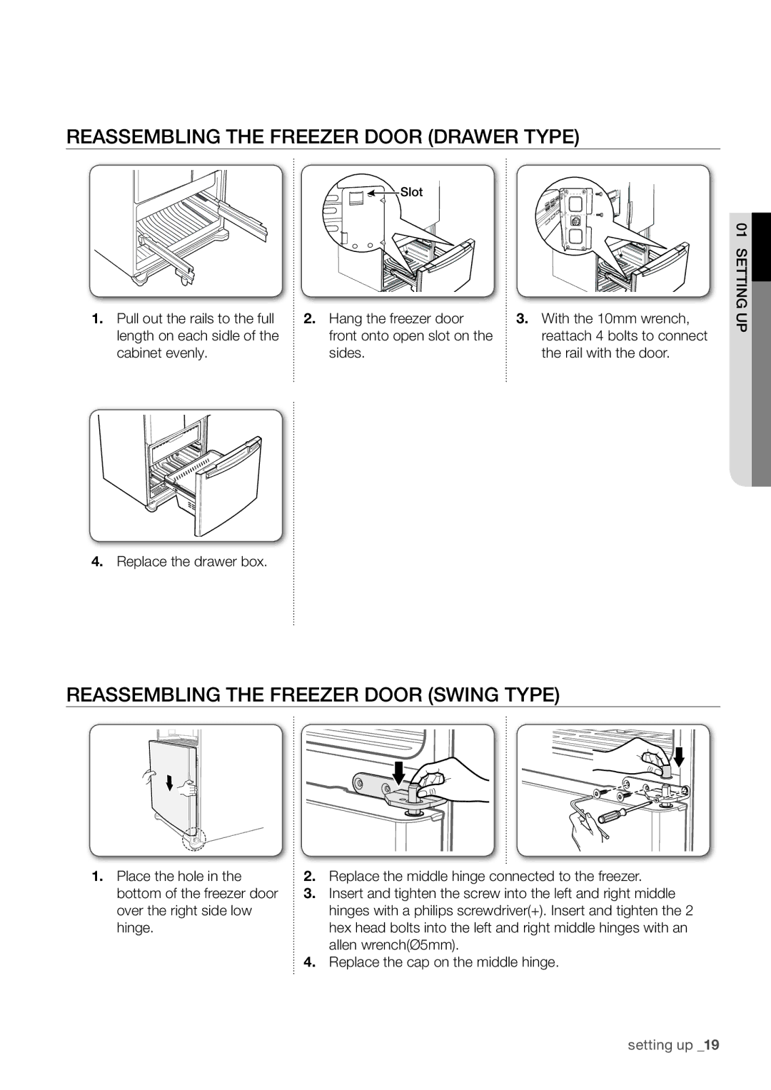 Samsung RF67DEPN1/SML, RF62HEPN1/XEF Reassembling the Freezer Door Drawer Type, Reassembling the Freezer Door Swing Type 