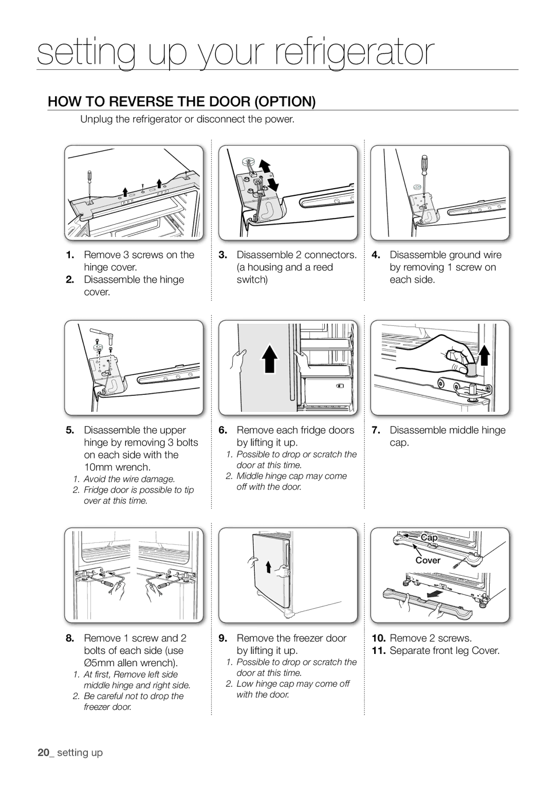 Samsung RF67DESW1/SML manual HOW to Reverse the Door Option, Remove the freezer door Remove 2 screws By lifting it up 