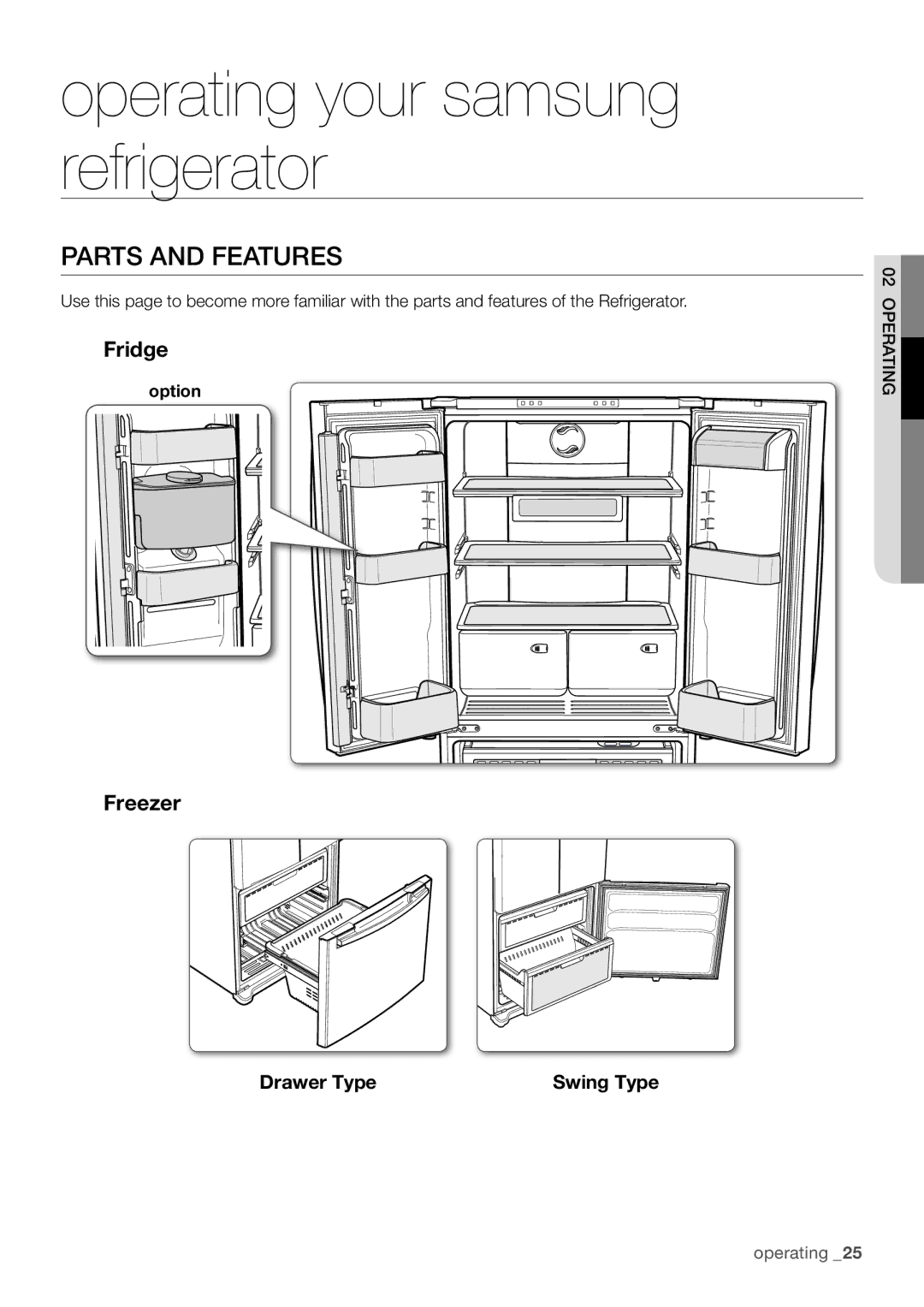 Samsung RF67DEPN1/SML, RF62HEPN1/XEF, RF67DESW1/SML manual Parts and Features, Fridge, Freezer, Option 