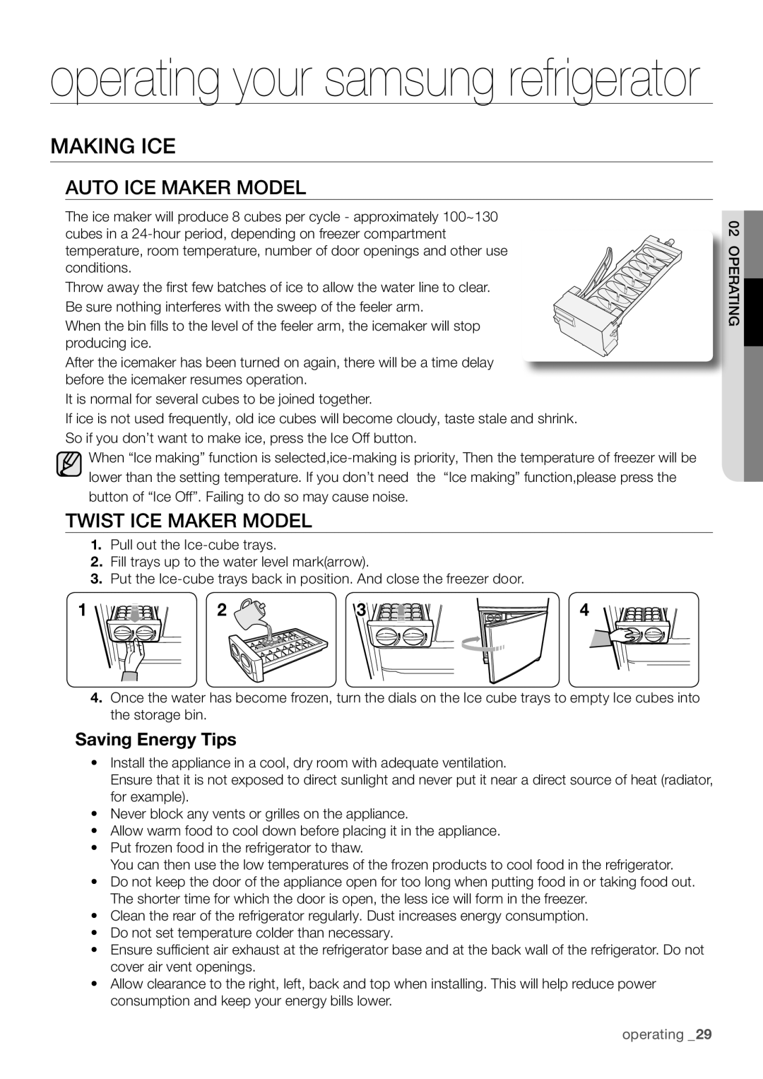 Samsung RF67DESW1/SML, RF62HEPN1/XEF manual Making ICE, Auto ICE Maker Model, Twist ICE Maker Model, Saving Energy Tips 