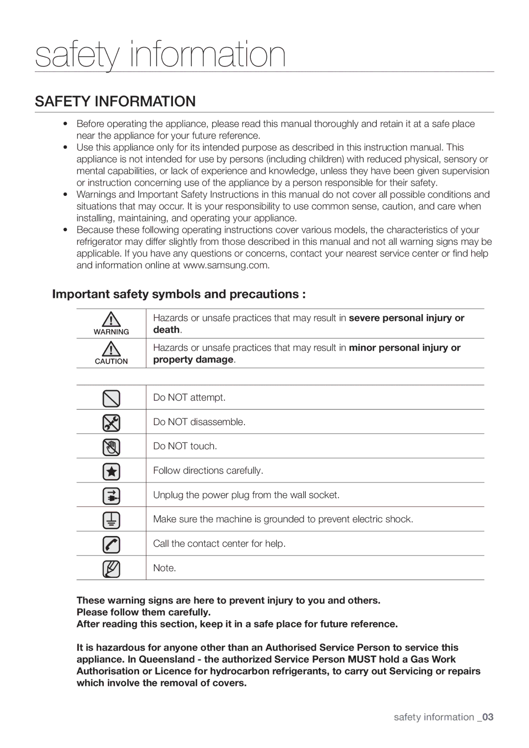 Samsung RF62HEPN1/XEF, RF67DEPN1/SML Safety Information, Important safety symbols and precautions, Death, Property damage 