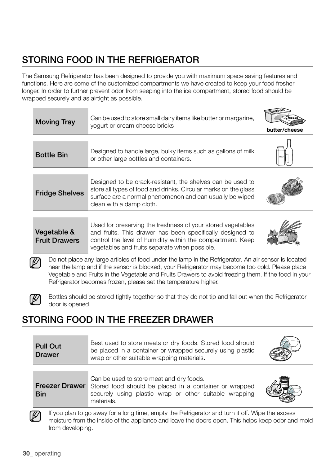 Samsung RF62HEPN1/XEF, RF67DEPN1/SML, RF67DESW1/SML Storing Food in the Refrigerator, Storing Food in the Freezer Drawer 