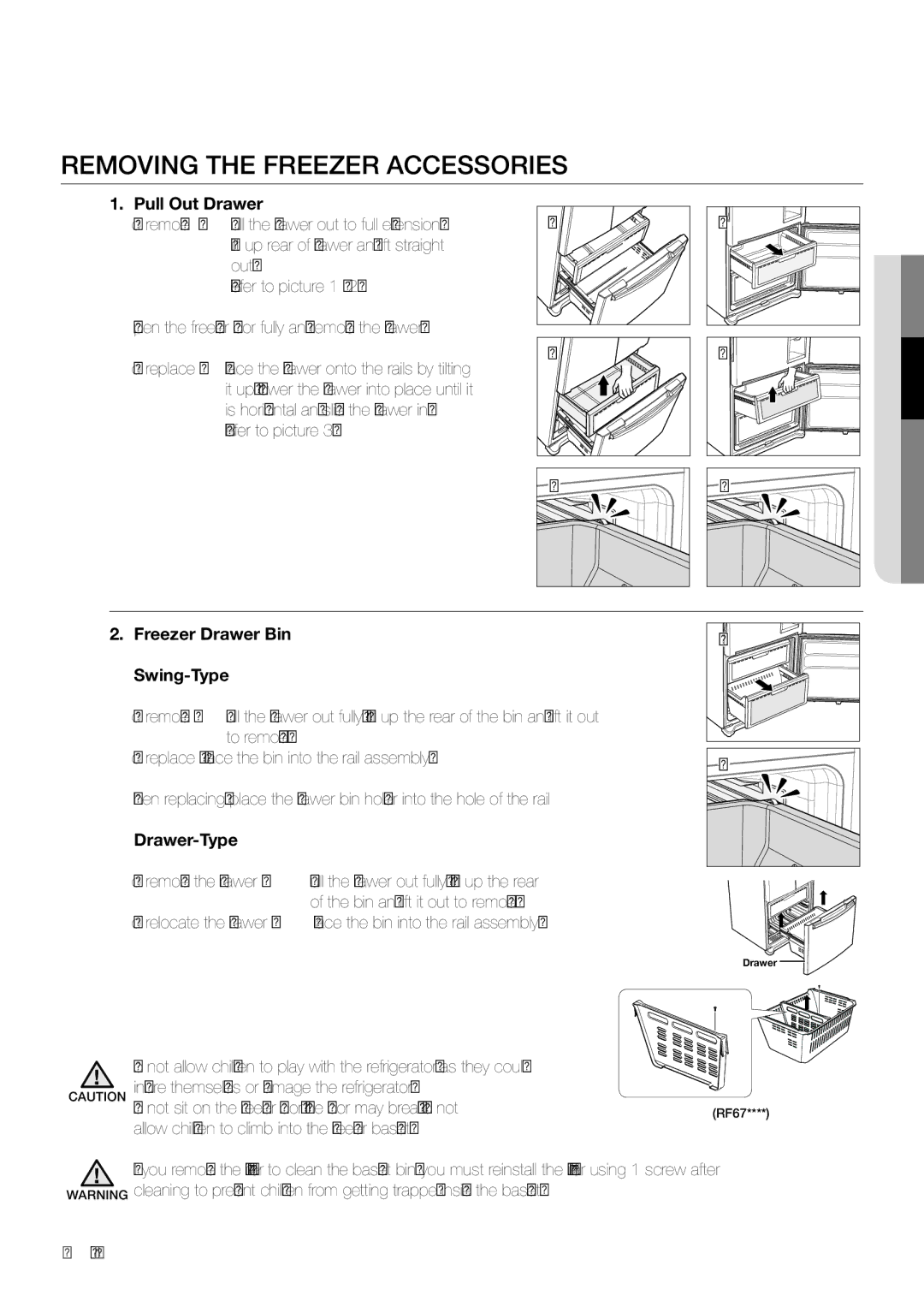 Samsung RF67DESW1/SML manual Removing the Freezer Accessories, Pull Out Drawer, Freezer Drawer Bin Swing-Type, Drawer-Type 