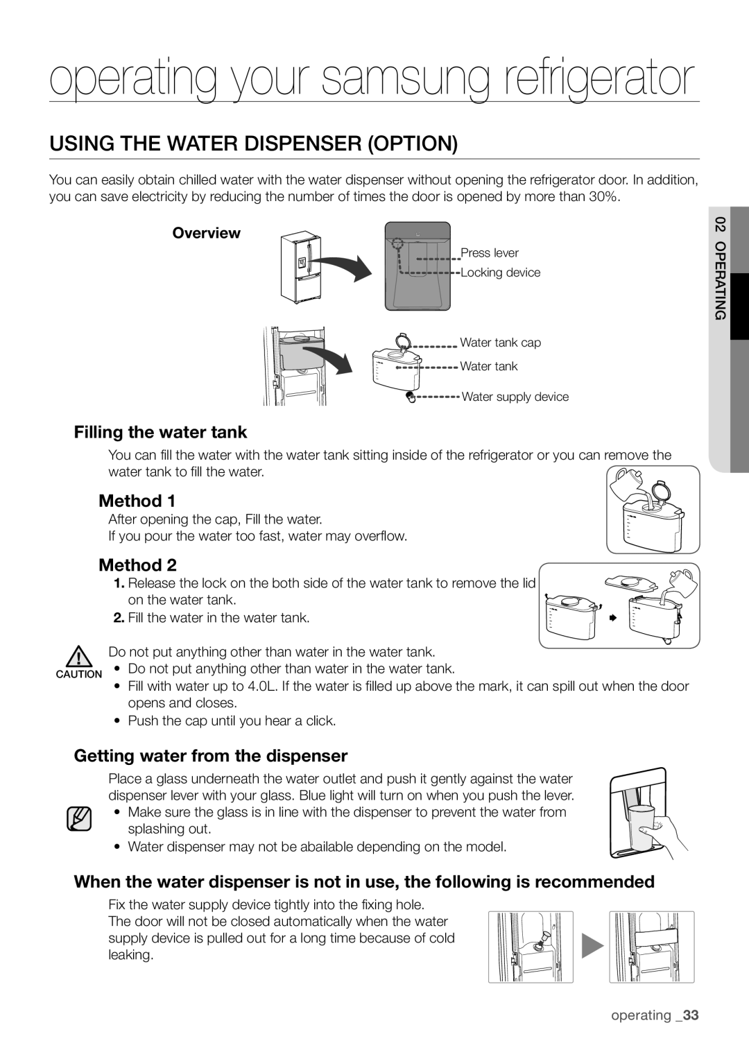 Samsung RF62HEPN1/XEF Using the Water Dispenser Option, Filling the water tank, Method, Getting water from the dispenser 