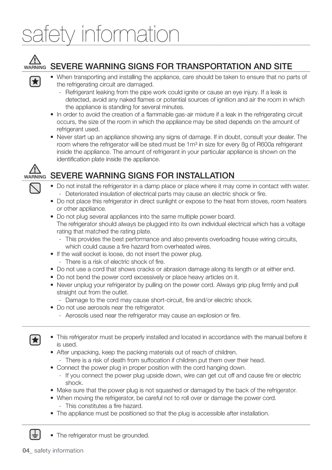 Samsung RF67DEPN1/SML, RF62HEPN1/XEF, RF67DESW1/SML manual Safety information 