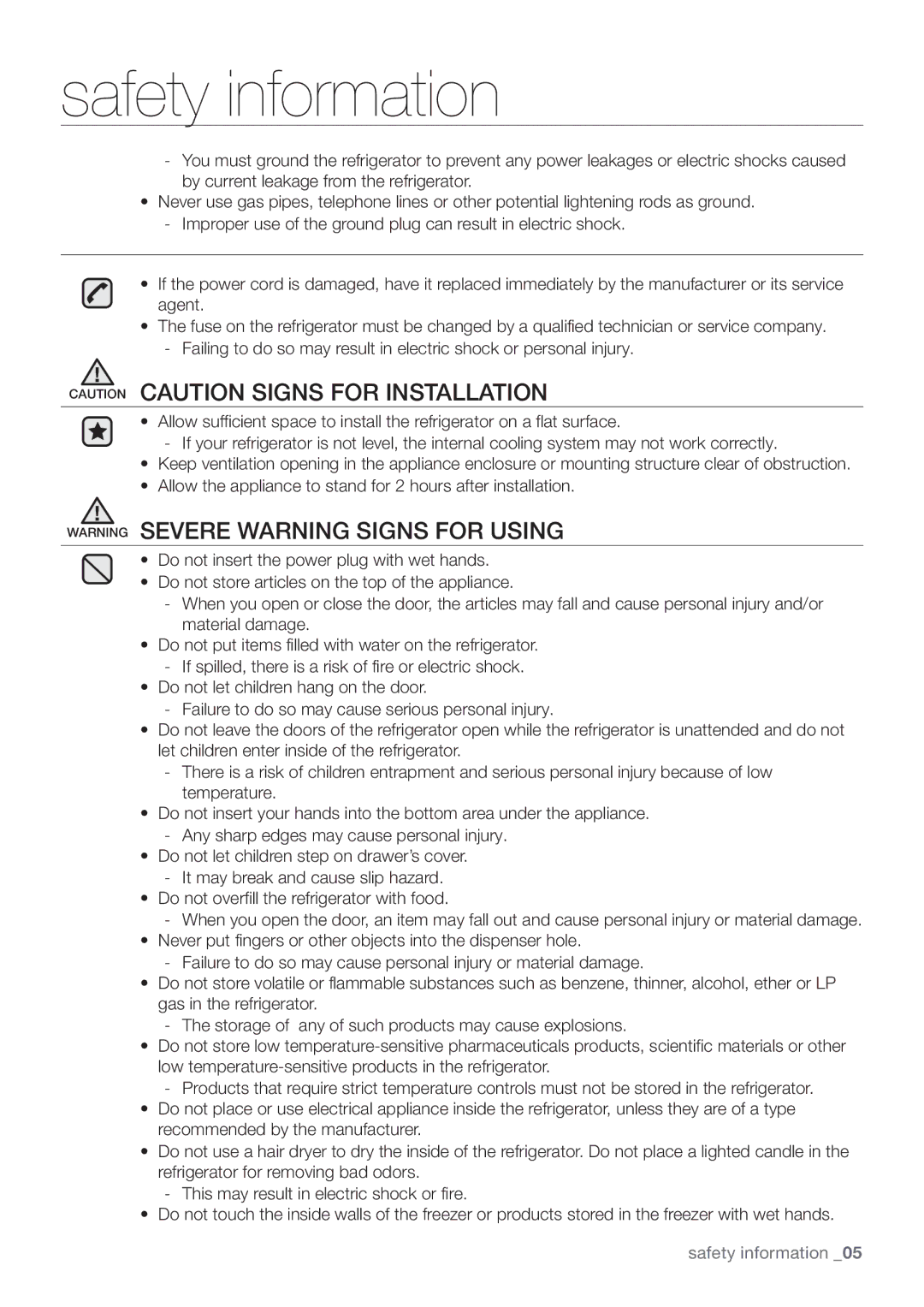 Samsung RF67DESW1/SML, RF62HEPN1/XEF, RF67DEPN1/SML manual Safety information 