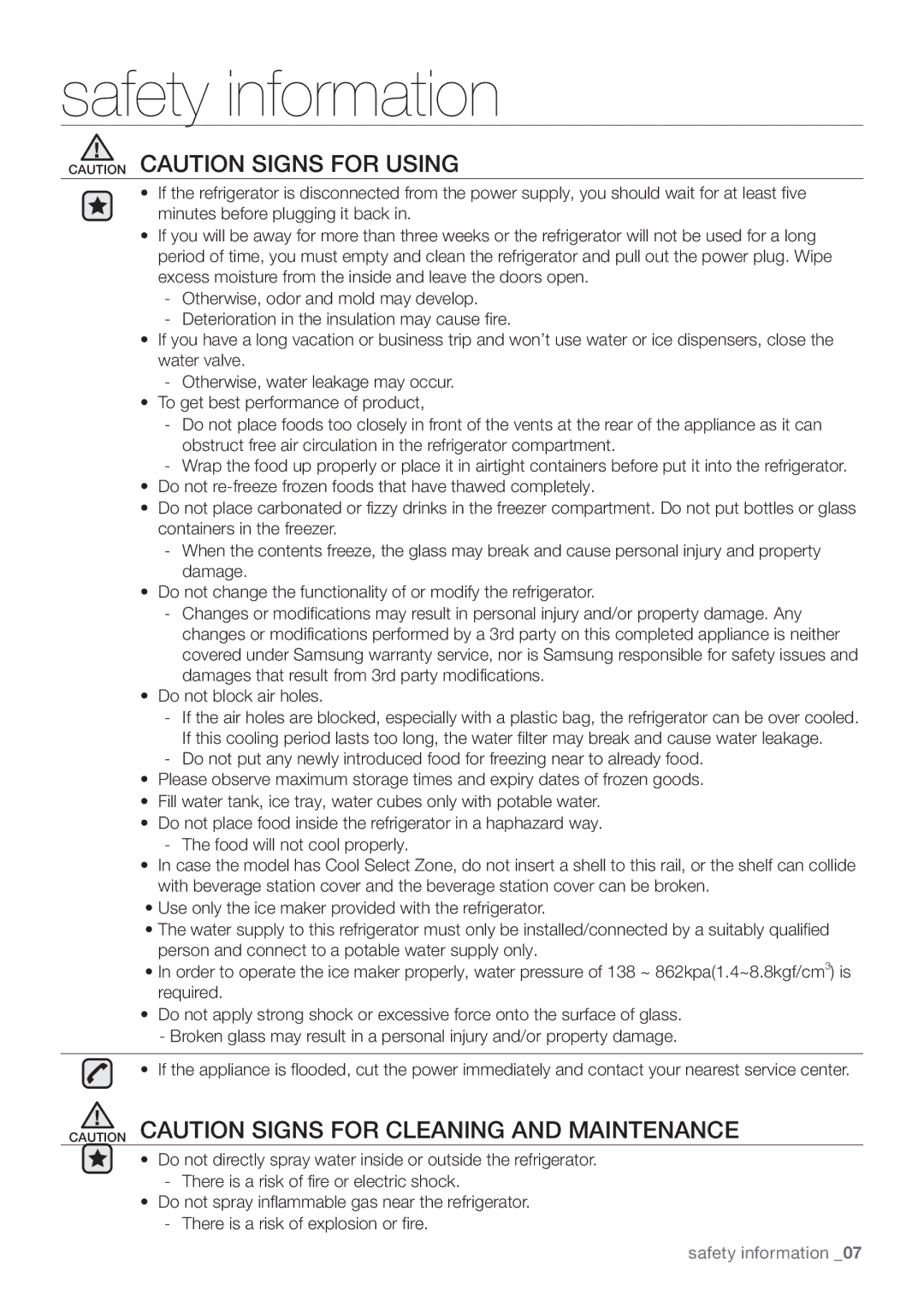 Samsung RF67DEPN1/SML, RF62HEPN1/XEF, RF67DESW1/SML manual Safety information 