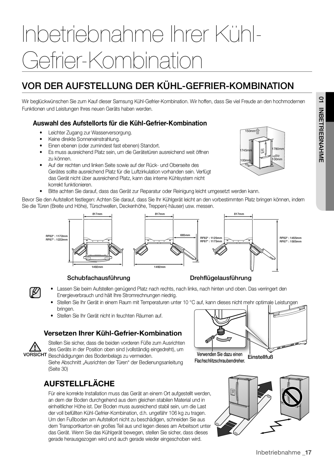 Samsung RF62HEPN1/XEF Inbetriebnahme Ihrer Kühl- Gefrier-Kombination, VOR DER Aufstellung DER KÜHL-GEFRIER-KOMBINATION 