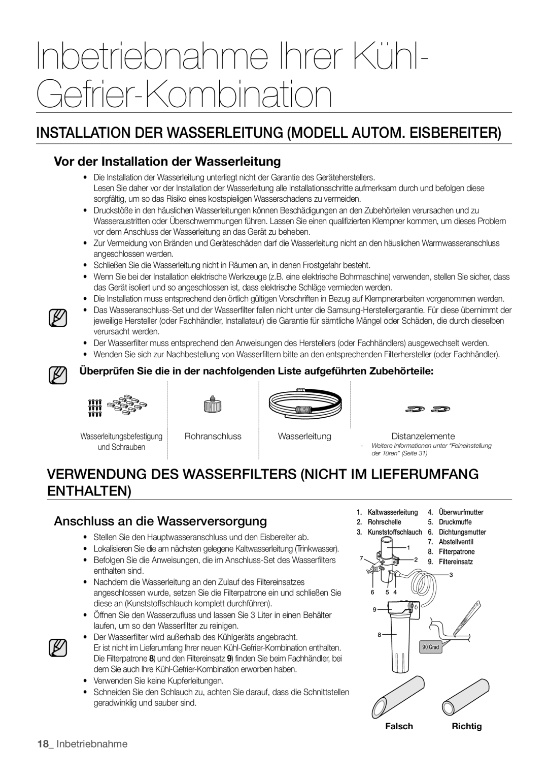 Samsung RF62HEPN1/XEF Installation DER Wasserleitung Modell AUTOM. Eisbereiter, Vor der Installation der Wasserleitung 