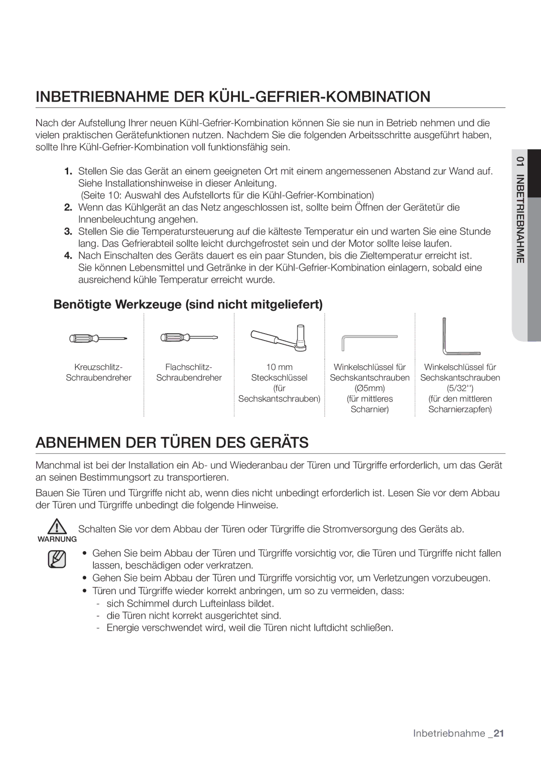 Samsung RF62HEPN1/XEF manual Inbetriebnahme DER KÜHL-GEFRIER-KOMBINATION, Abnehmen DER Türen DES Geräts 