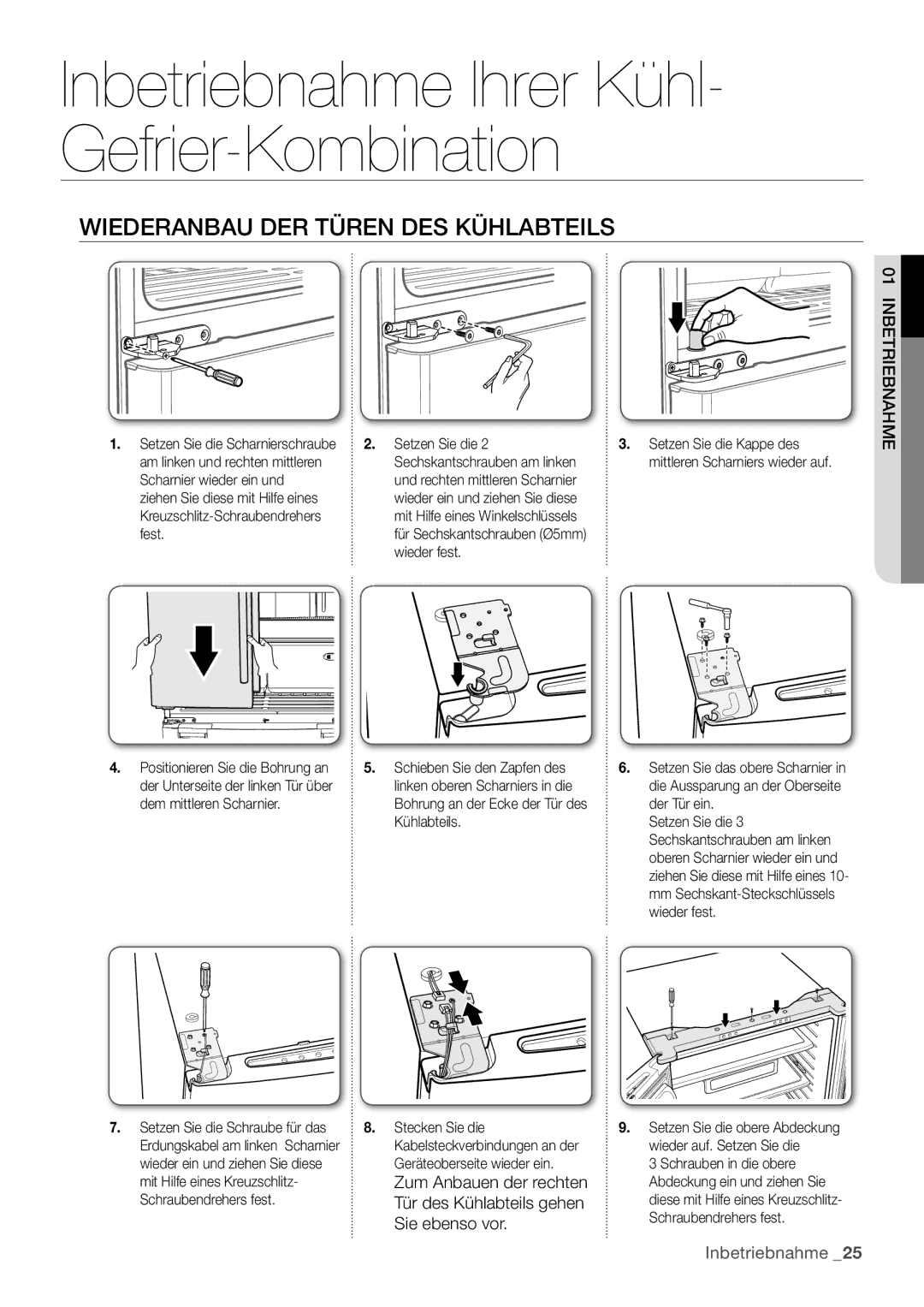 Samsung RF62HEPN1/XEF manual WI Ederanbau DER Türen DES Kühlabteils, 01nbetriebnahme 