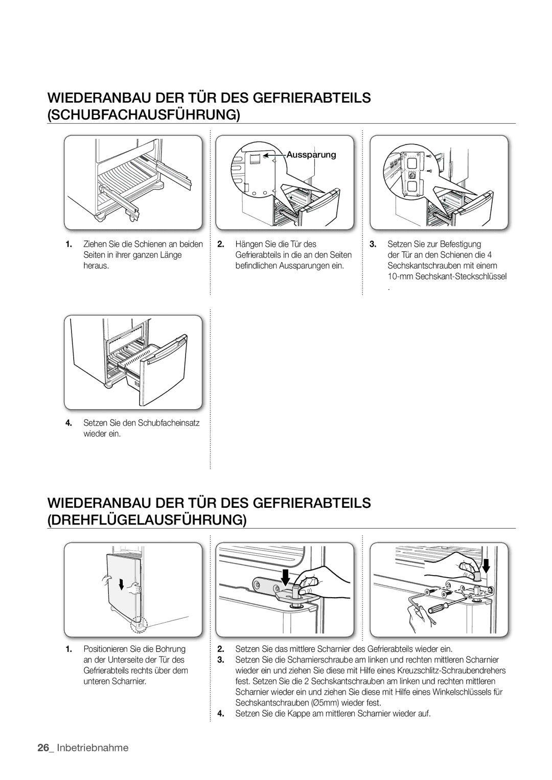 Samsung RF62HEPN1/XEF manual Wiederanbau DER TÜR DES Gefrierabteils Schubfachausführung 