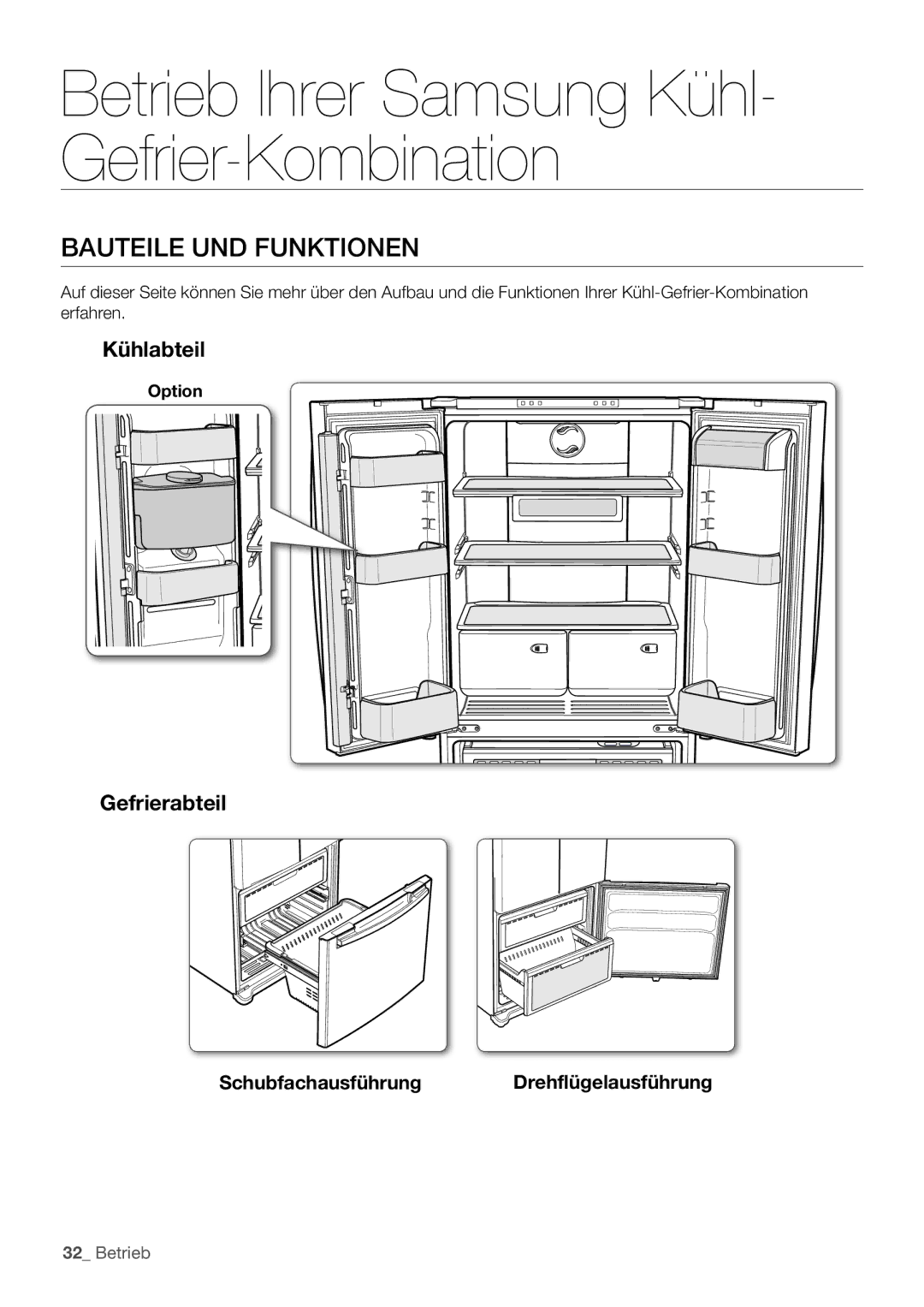 Samsung RF62HEPN1/XEF manual Bauteile UND Funktionen, Kühlabteil, Gefrierabteil 