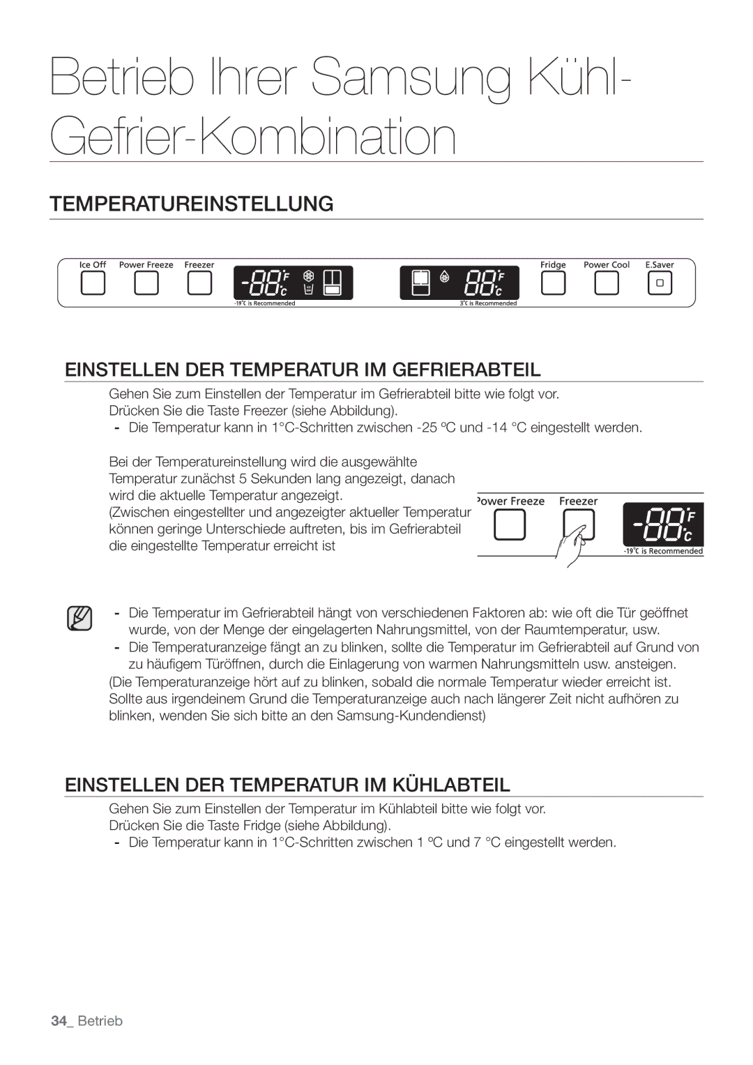 Samsung RF62HEPN1/XEF manual Temperatureinstellung, Einstellen DER Temperatur IM Gefrierabteil 