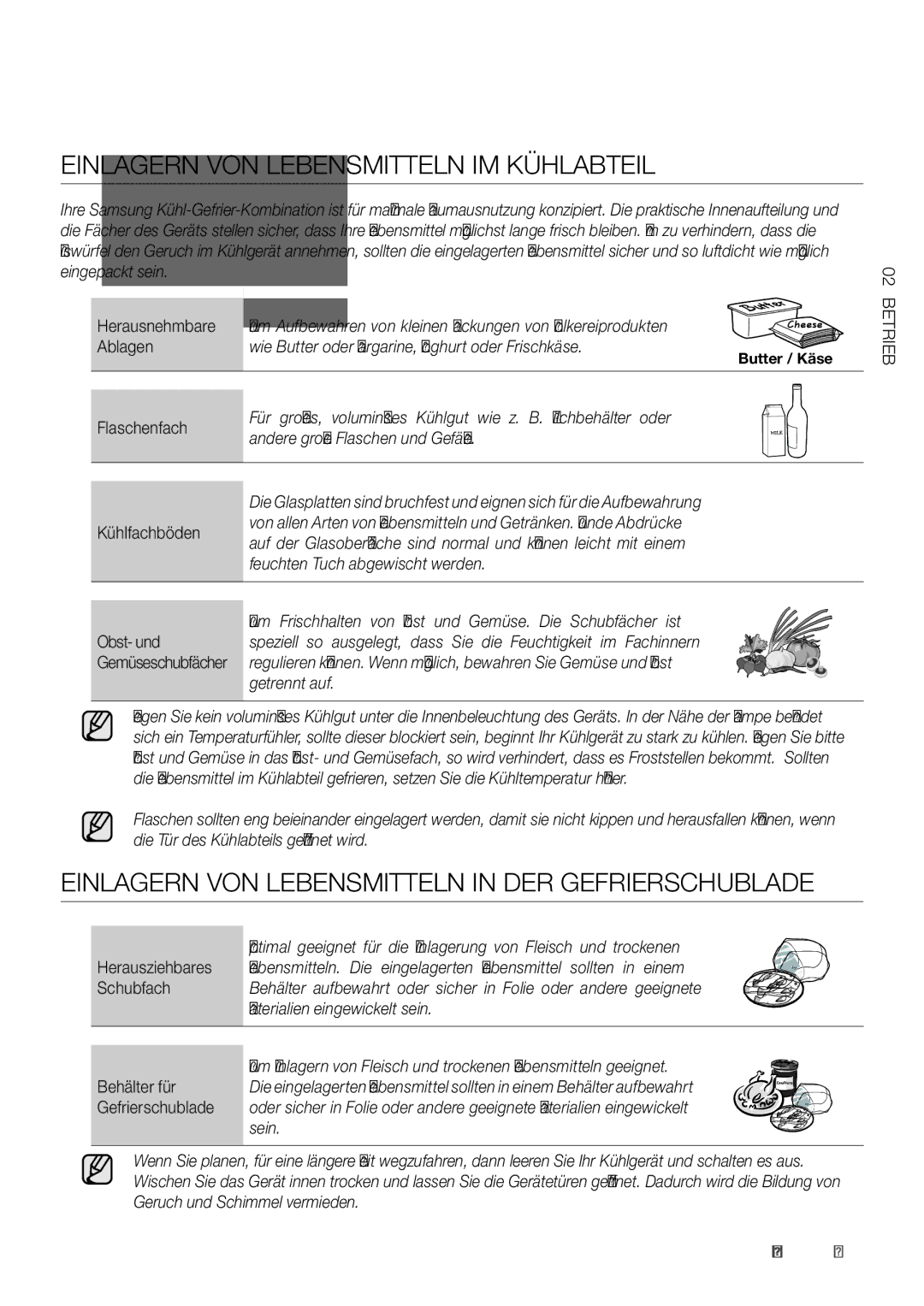 Samsung RF62HEPN1/XEF manual Einlagern VON Lebensmitteln IM Kühlabteil, Einlagern VON Lebensmitteln in DER Gefrierschublade 