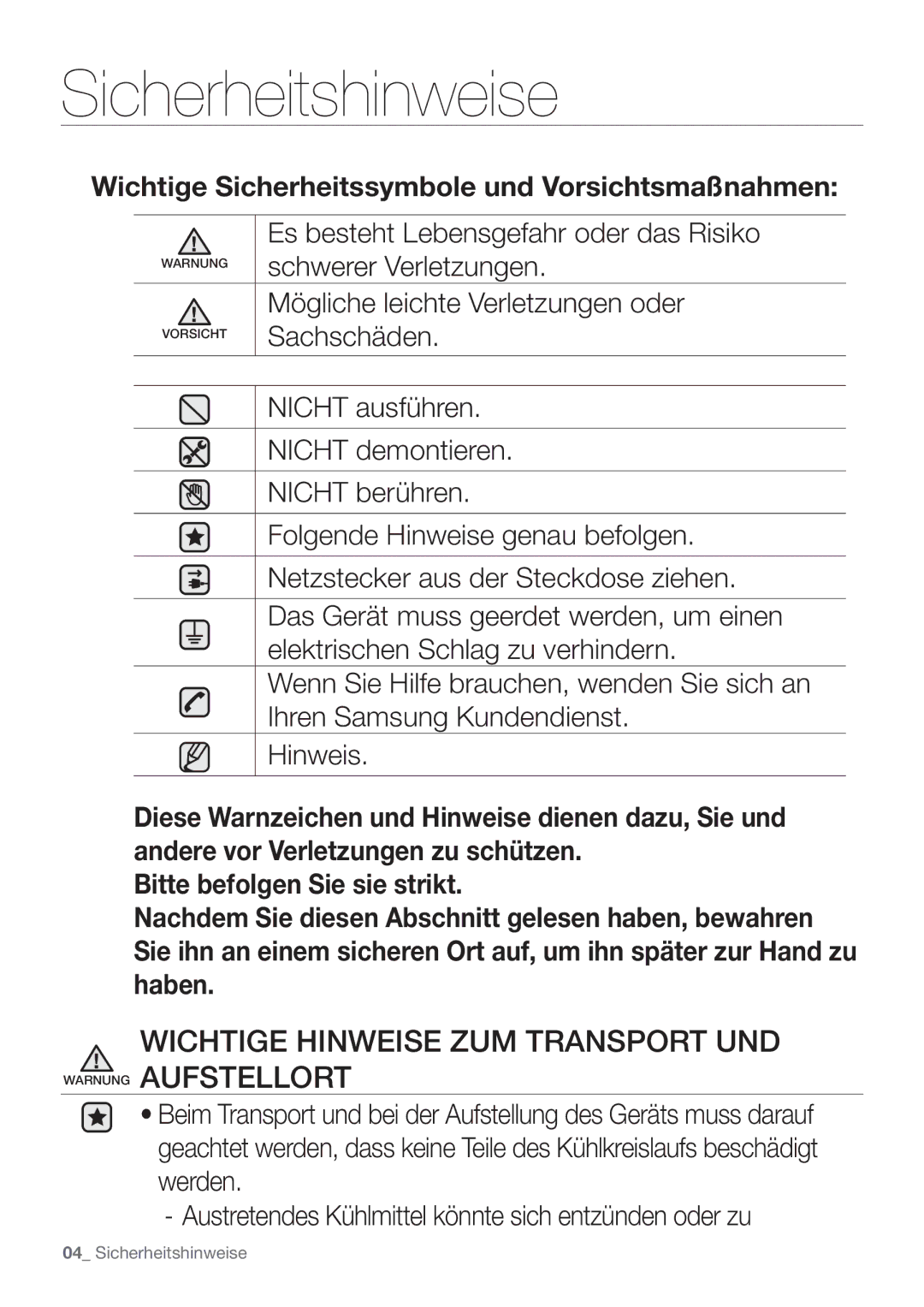 Samsung RF62HEPN1/XEF manual Wichtige Hinweise ZUM Transport UND Warnung Aufstellort 