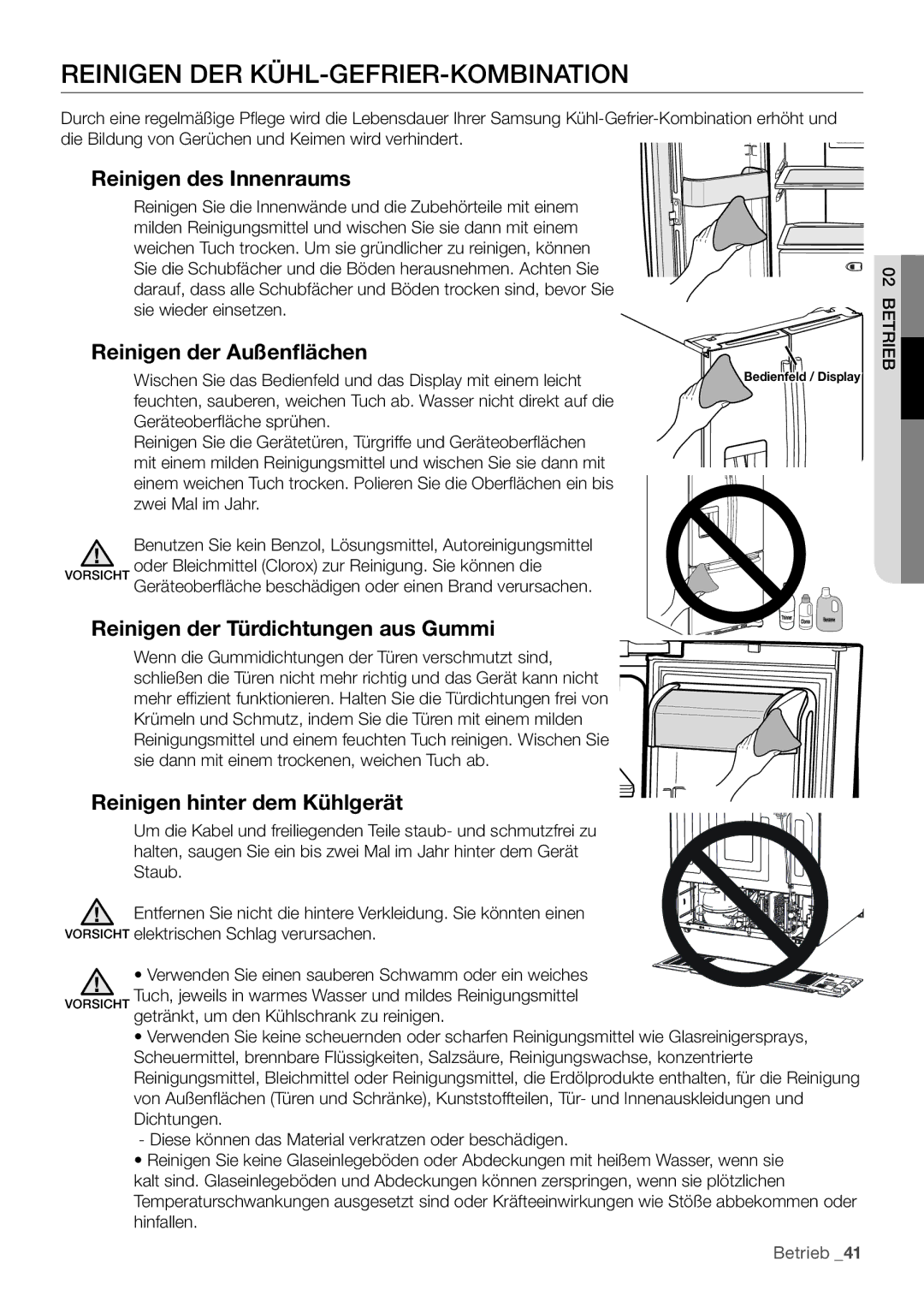 Samsung RF62HEPN1/XEF manual Reinigen DER KÜHL-GEFRIER-KOMBINATION, Reinigen des Innenraums, Reinigen der Außenflächen 