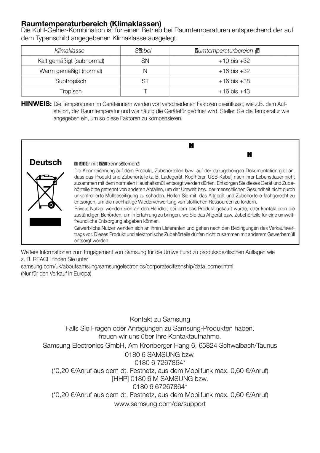 Samsung RF62HEPN1/XEF manual Raumtemperaturbereich Klimaklassen, Korrekte Entsorgung von Altgeräten Elektroschrott 