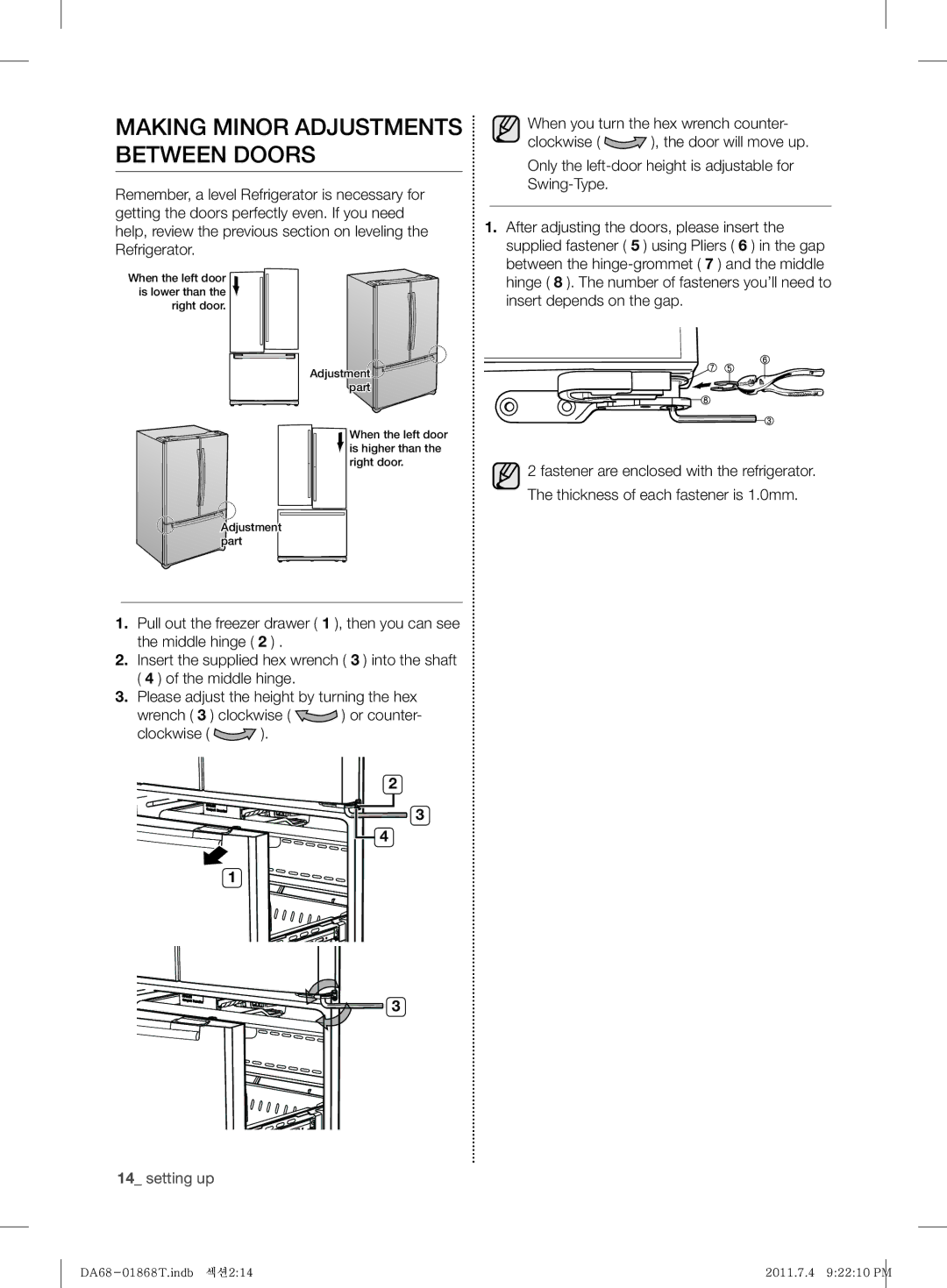 Samsung RF62HEVB1/BWT, RF62HEPN1/BWT manual Making Minor Adjustments Between Doors 