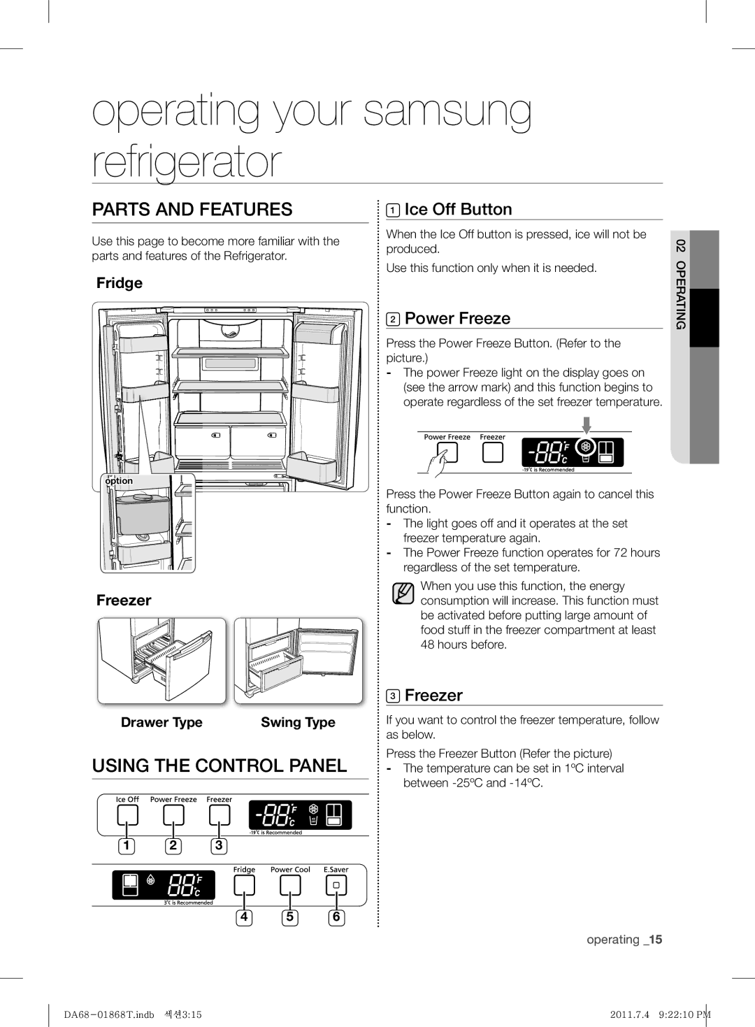 Samsung RF62HEPN1/BWT, RF62HEVB1/BWT manual Operating your samsung refrigerator, Parts and Features, Using the Control Panel 