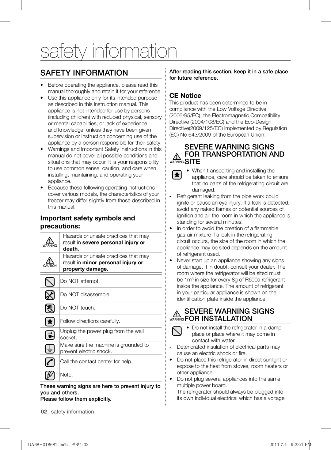 Samsung RF62HEVB1/BWT manual Safety information, Safety Information, Important safety symbols and precautions, CE Notice 