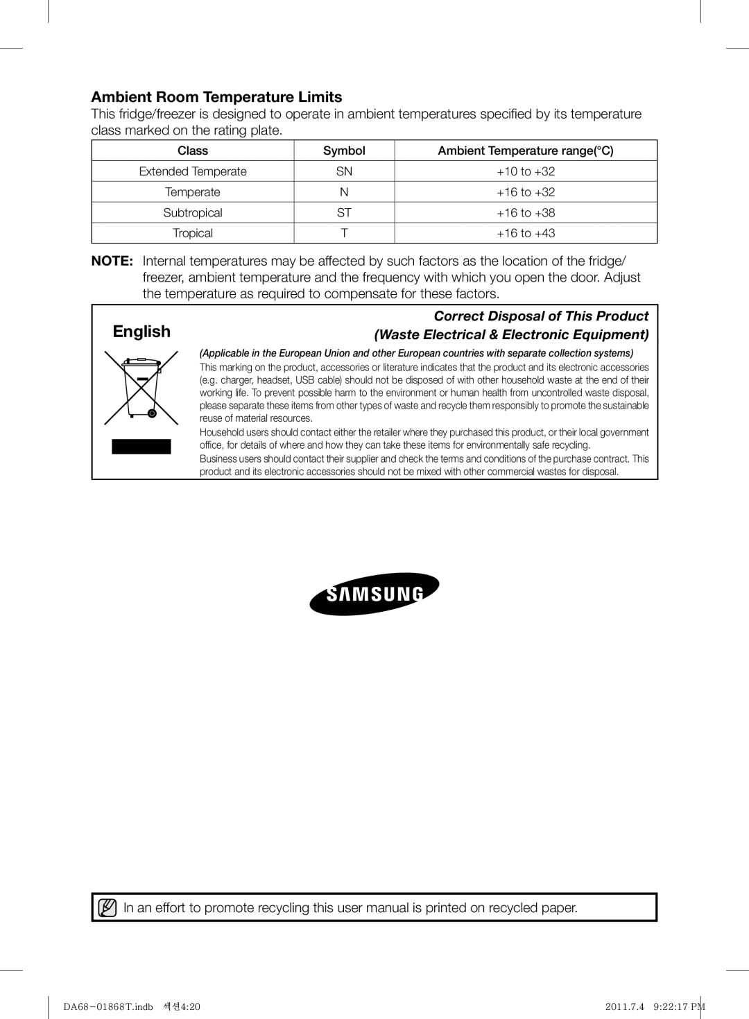 Samsung RF62HEVB1/BWT, RF62HEPN1/BWT manual Ambient Room Temperature Limits 