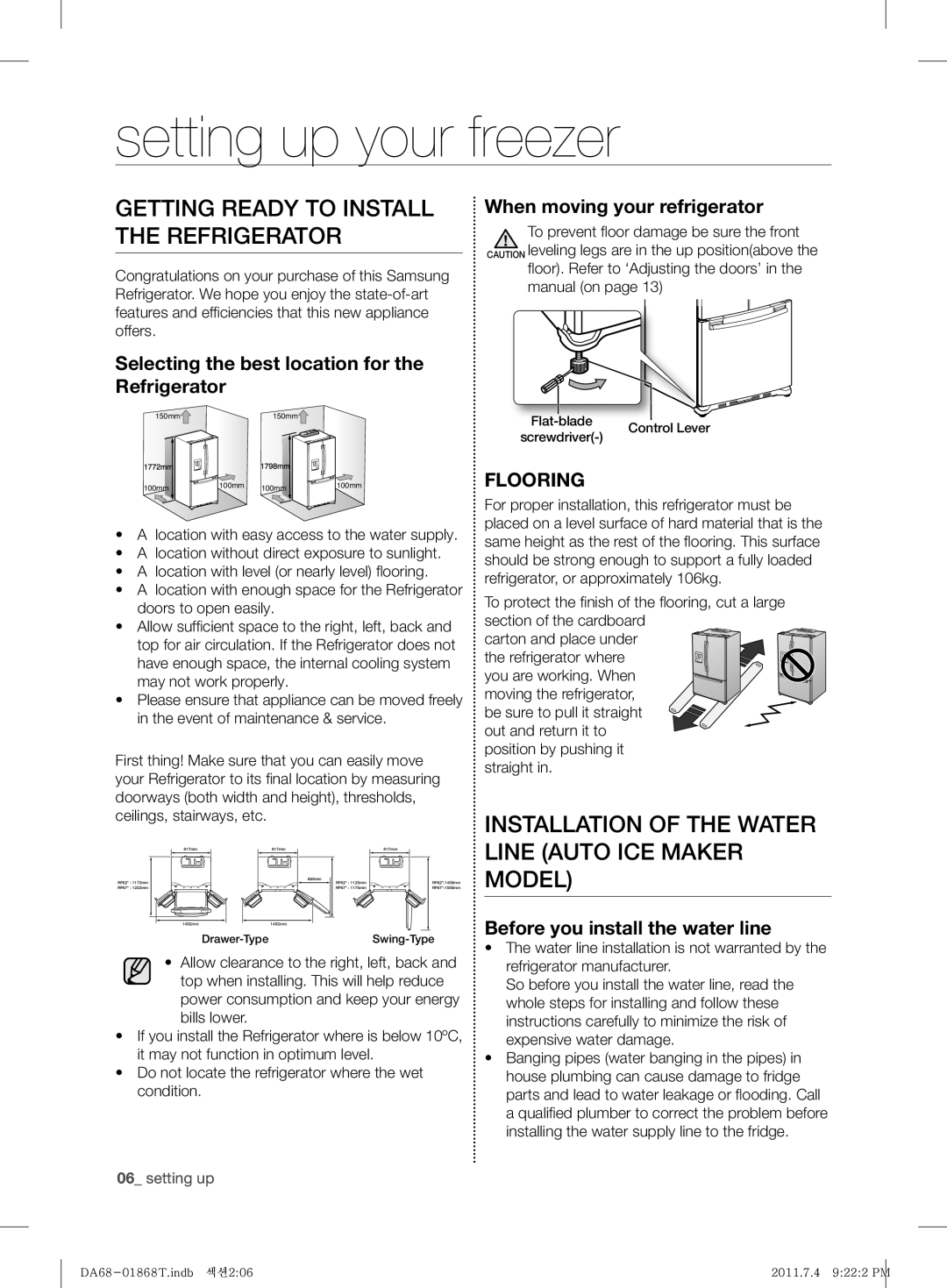 Samsung RF62HEVB1/BWT, RF62HEPN1/BWT manual Setting up your freezer, Getting Ready to Install the Refrigerator 