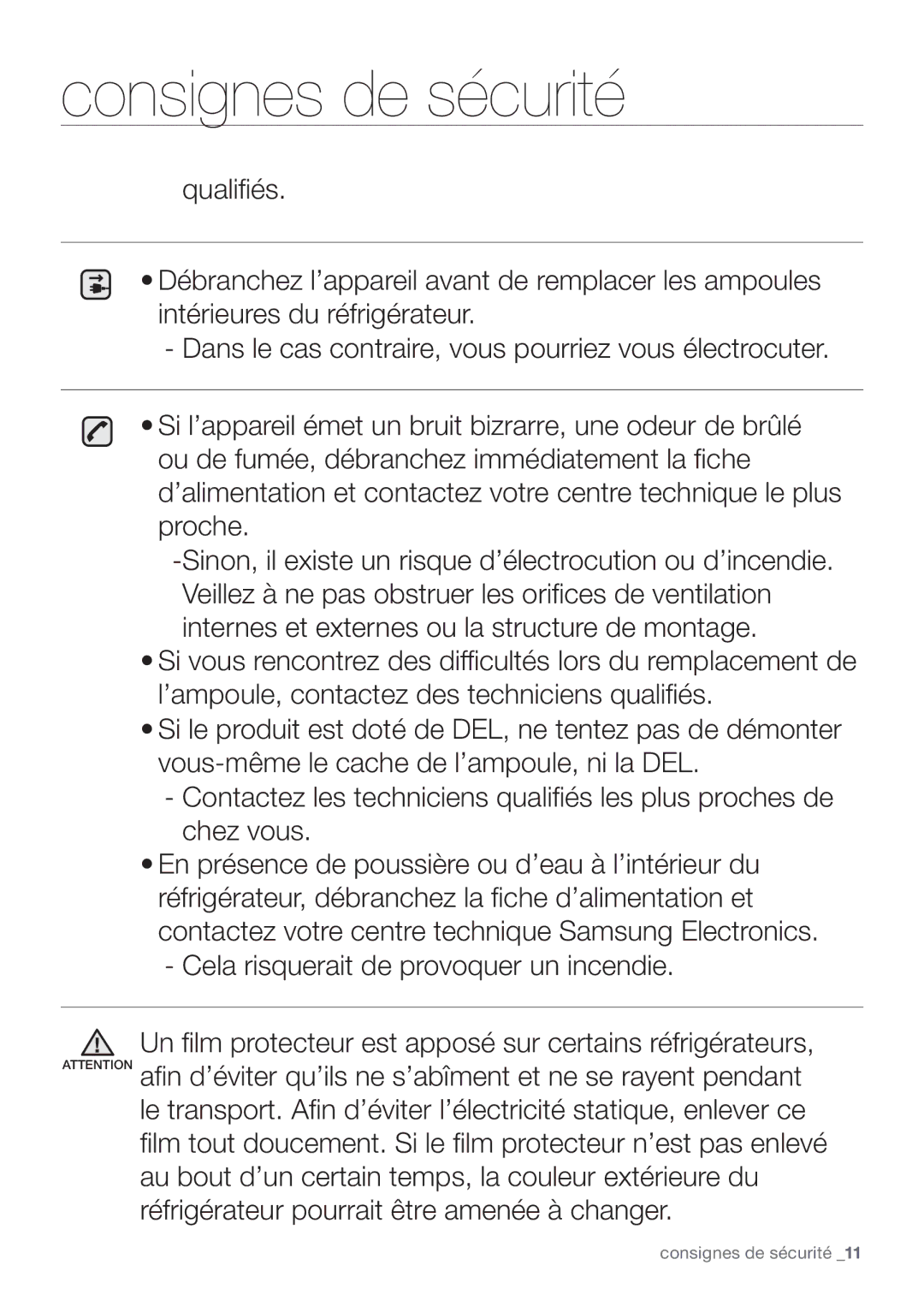 Samsung RF62HEPN1/XEF, RF62QEPN1/XEF manual Consignes de sécurité 