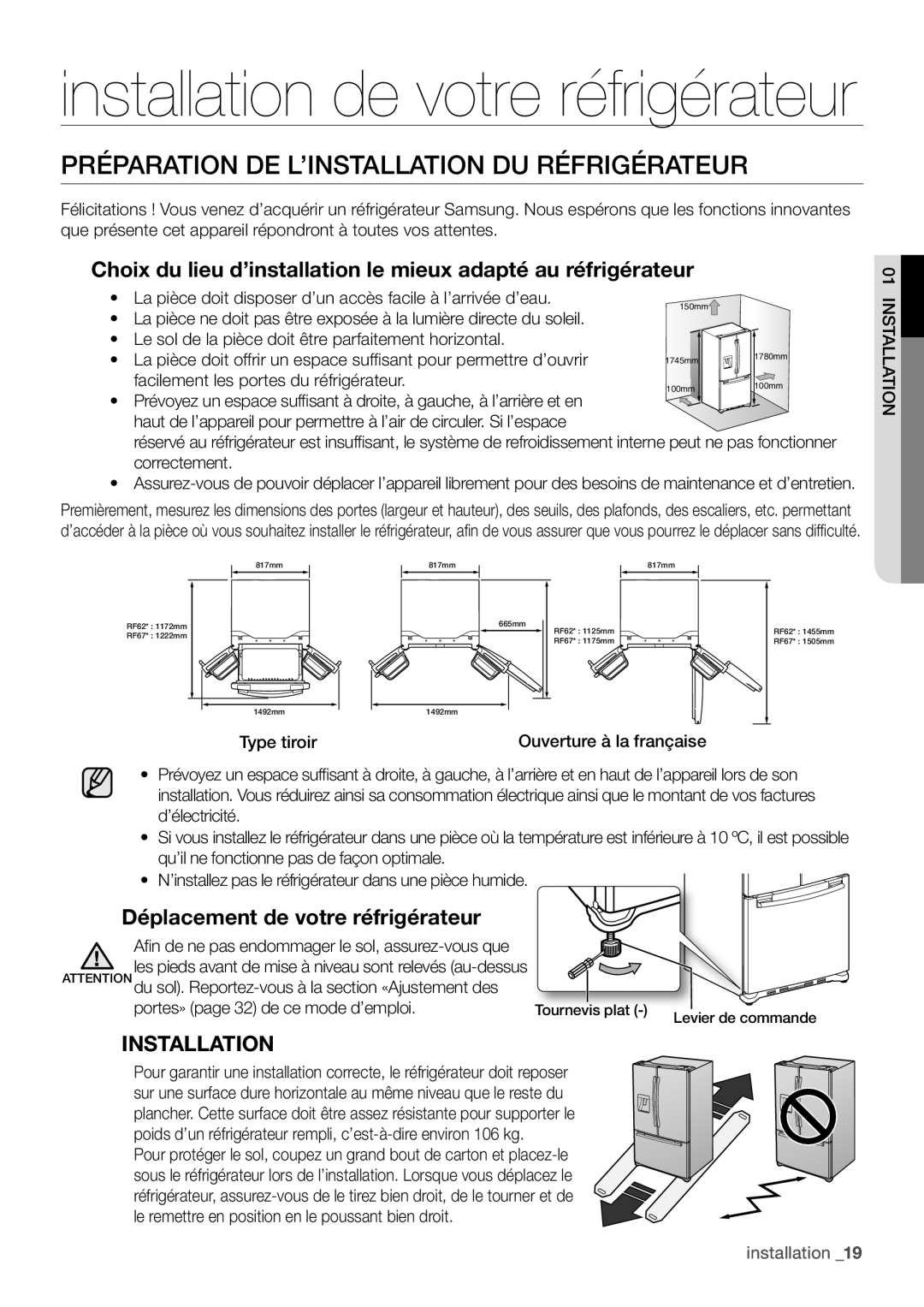 Samsung RF62HEPN1/XEF, RF62QEPN1/XEF Préparation DE L’INSTALLATION DU Réfrigérateur, Déplacement de votre réfrigérateur 