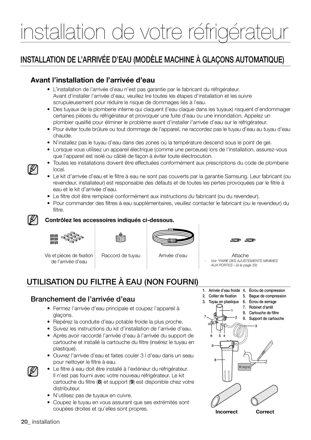 Samsung RF62QEPN1/XEF, RF62HEPN1/XEF manual Utilisation DU Filtre À EAU NON Fourni, Avant l’installation de l’arrivée d’eau 