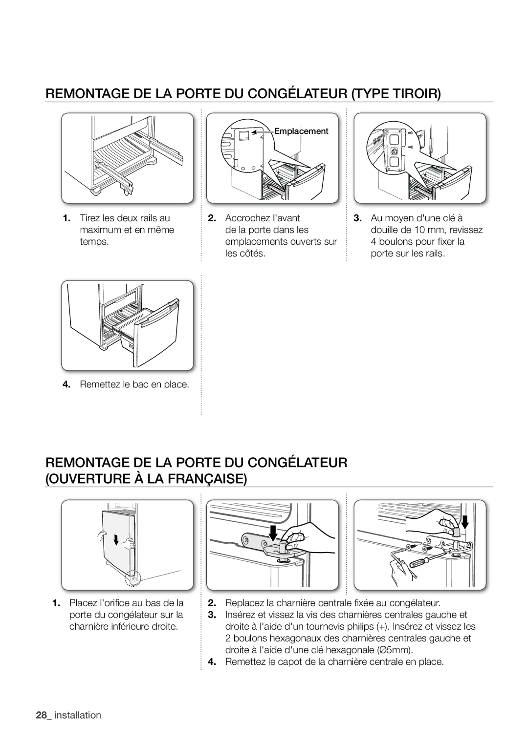 Samsung RF62QEPN1/XEF, RF62HEPN1/XEF manual Remontage DE LA Porte DU Congélateur Type Tiroir 