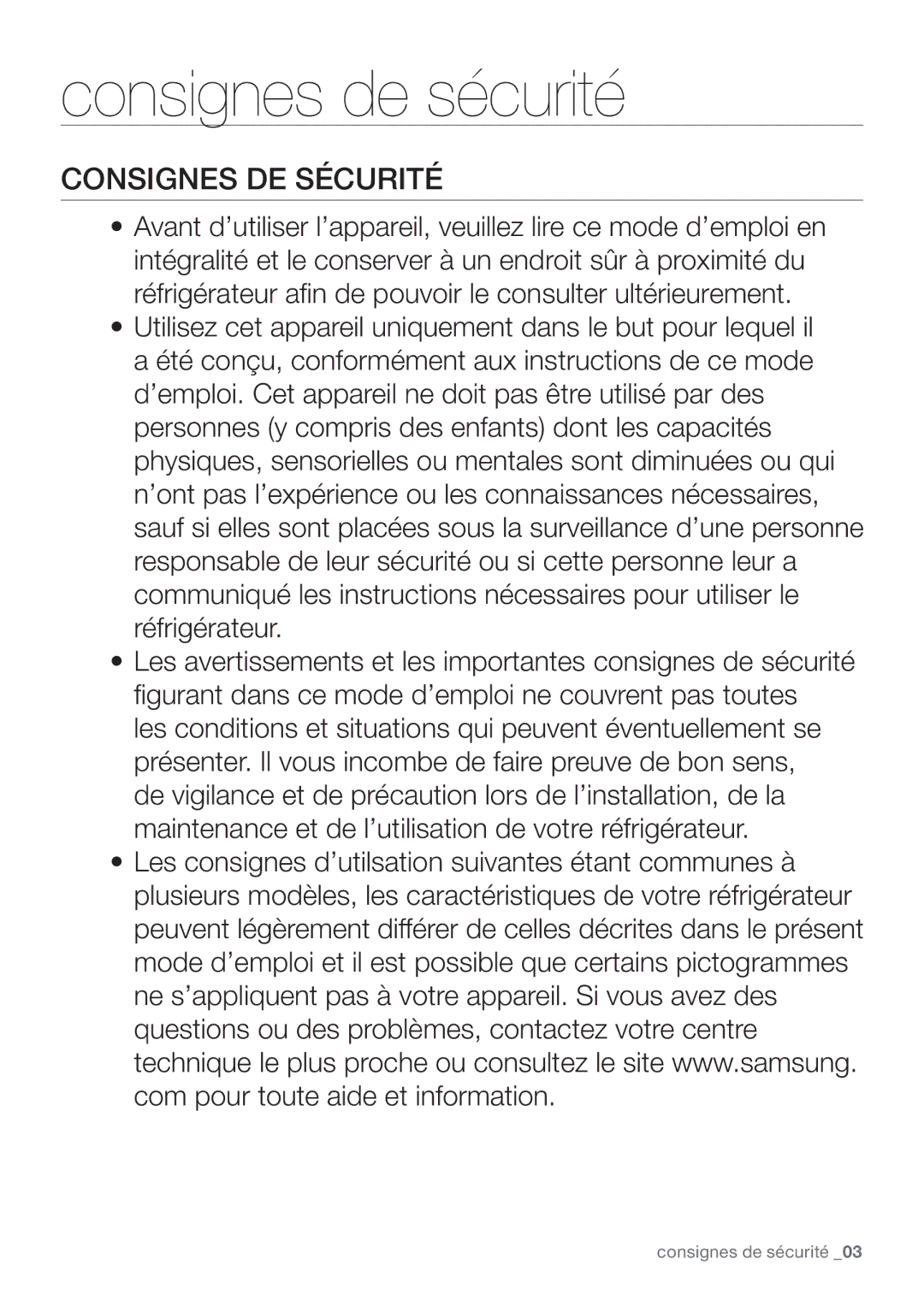 Samsung RF62HEPN1/XEF, RF62QEPN1/XEF manual Consignes de sécurité 