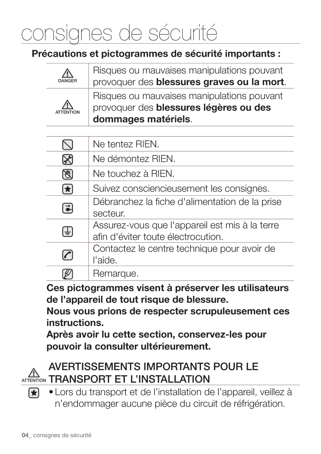 Samsung RF62QEPN1/XEF, RF62HEPN1/XEF manual Précautions et pictogrammes de sécurité importants 