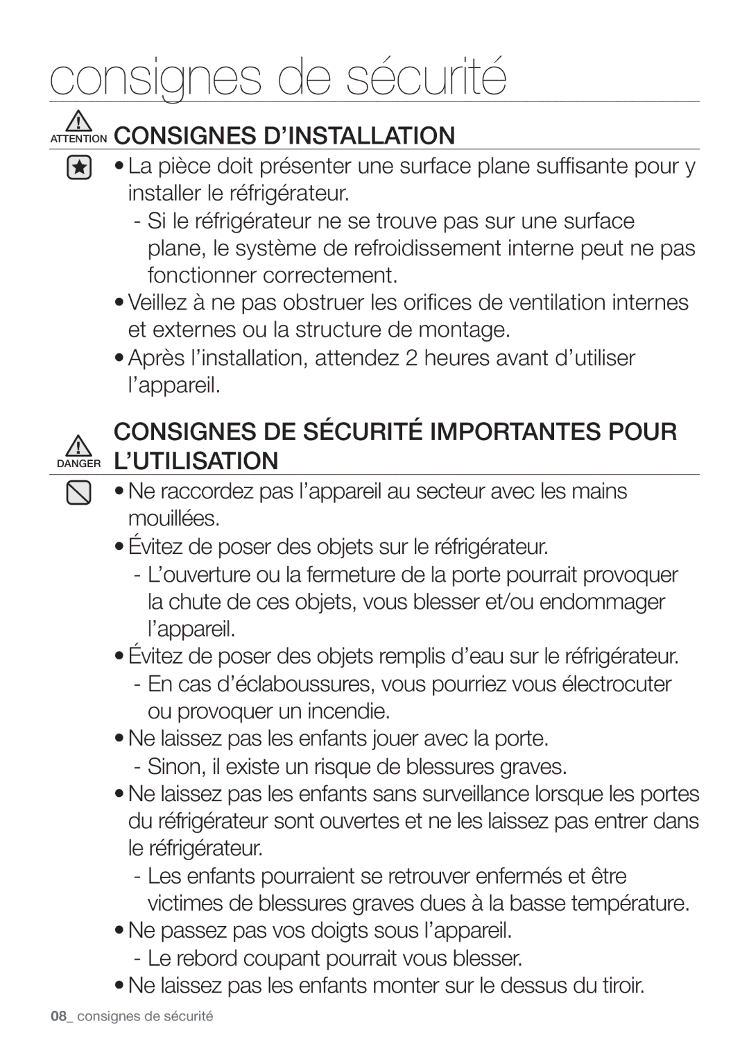 Samsung RF62QEPN1/XEF, RF62HEPN1/XEF manual Consignes DE Sécurité Importantes Pour Danger L’UTILISATION 